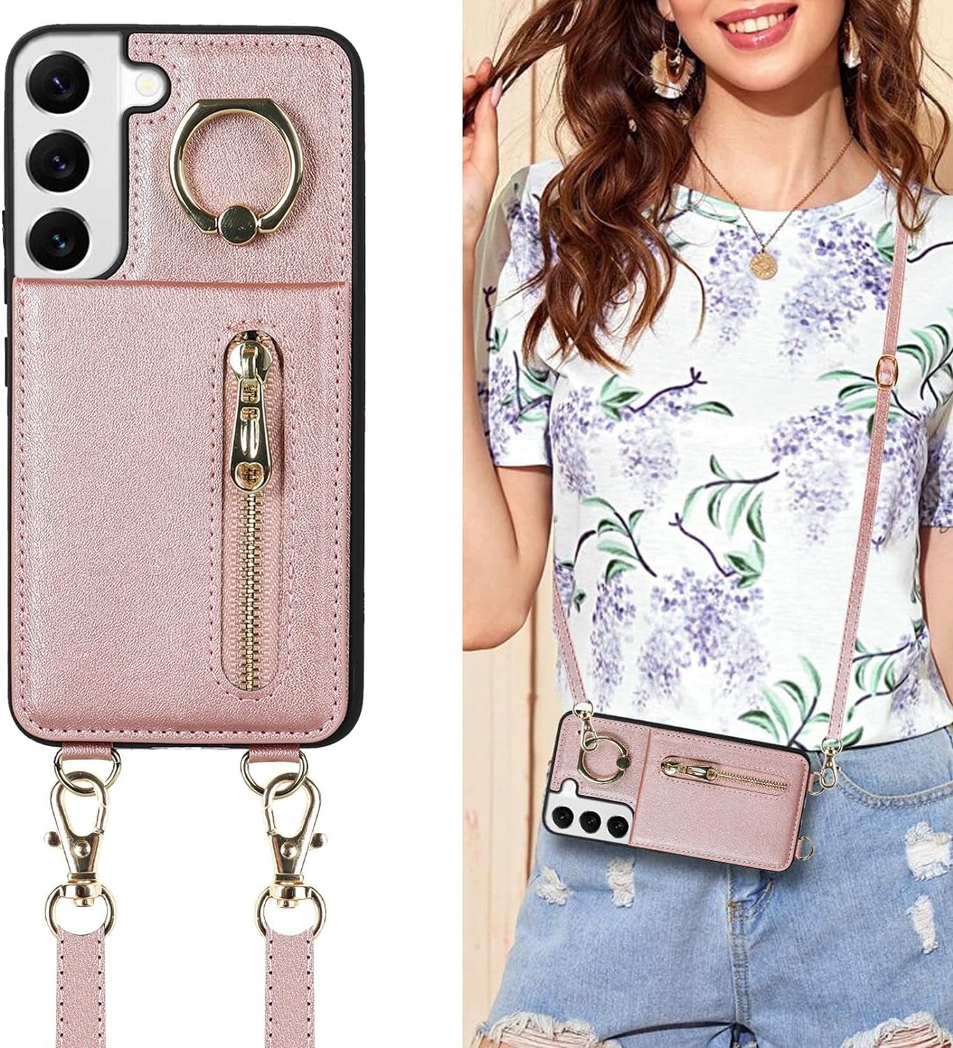 Jaorty Samsung Galaxy S22 5G Phone Case for Women with Card Holder,Samsung S22 Case Wallet Crossbody Lanyard with Strap,Credit Card Slots Kickstand Case with Ring Holder,6.1 Inch,Black Jaorty 2-Angle Ring Stand - Pink