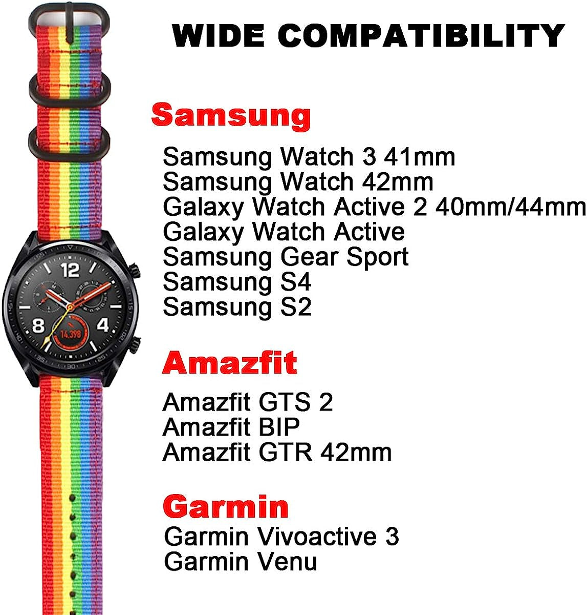 20Mm Watch Band Rainbow Pride for Samsung Watch 4 44Mm/40Mm/ Watch4 Classic 46Mm/42Mm,3 41Mm/42Mm/46Mm Galaxy Active 2 40Mm 44Mm/Gear Sport/S4/S2,Women LGBTQ Nylon Bands Replacement Quick Release for Garmin Accessories NYKKOLA