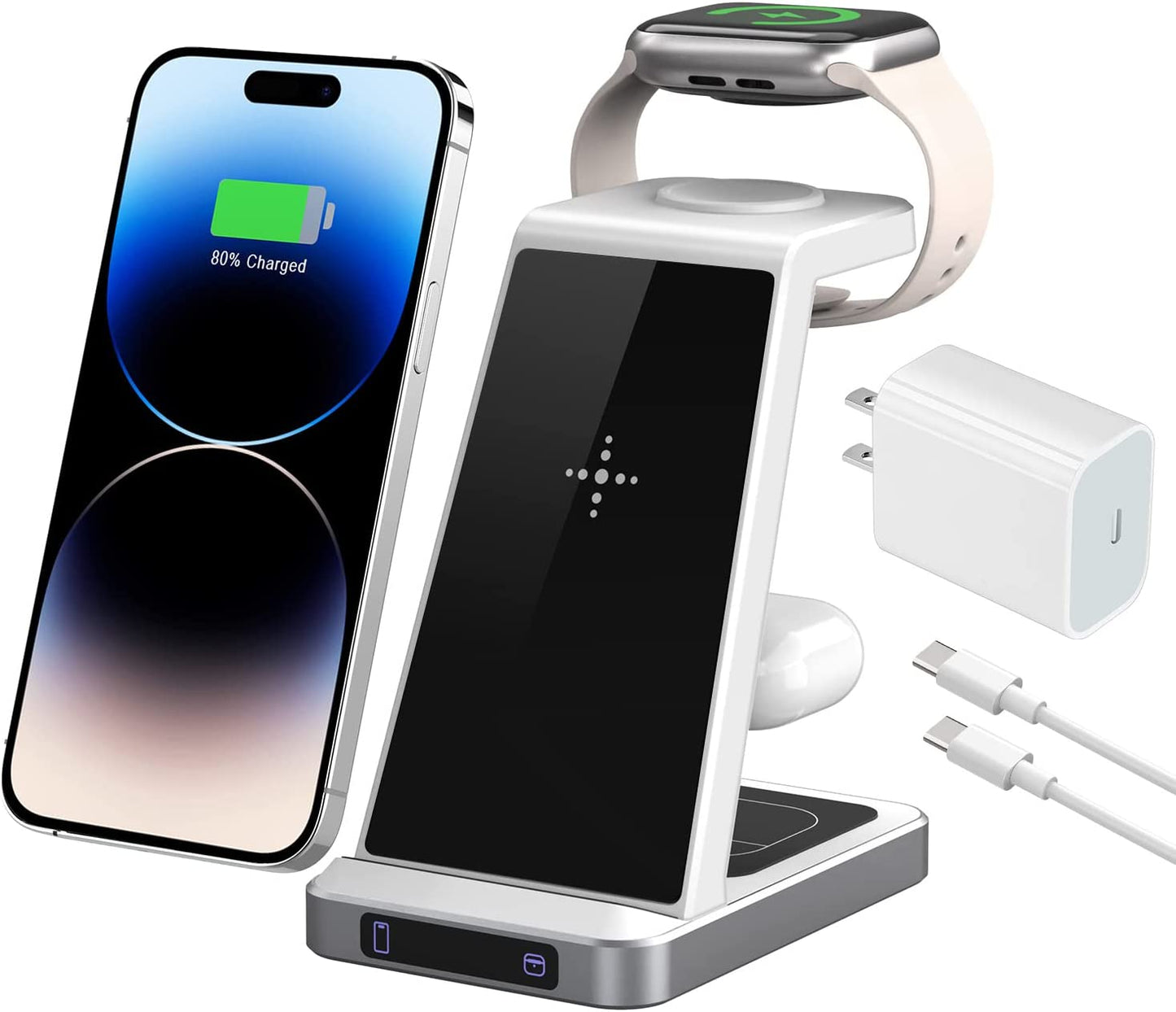 Charging Station for Apple Devices, 3 in 1 Wireless Charger Stand with 20W USB C Adapter Compatible with Iphone 14 13 12 11 Pro Max 8 XS XR, Fast Charging Stand Dock for Apple Watch Series & Airpods HUIZHOU OJD TECHNOLOGY CO.,LTD White AirPods Wireless