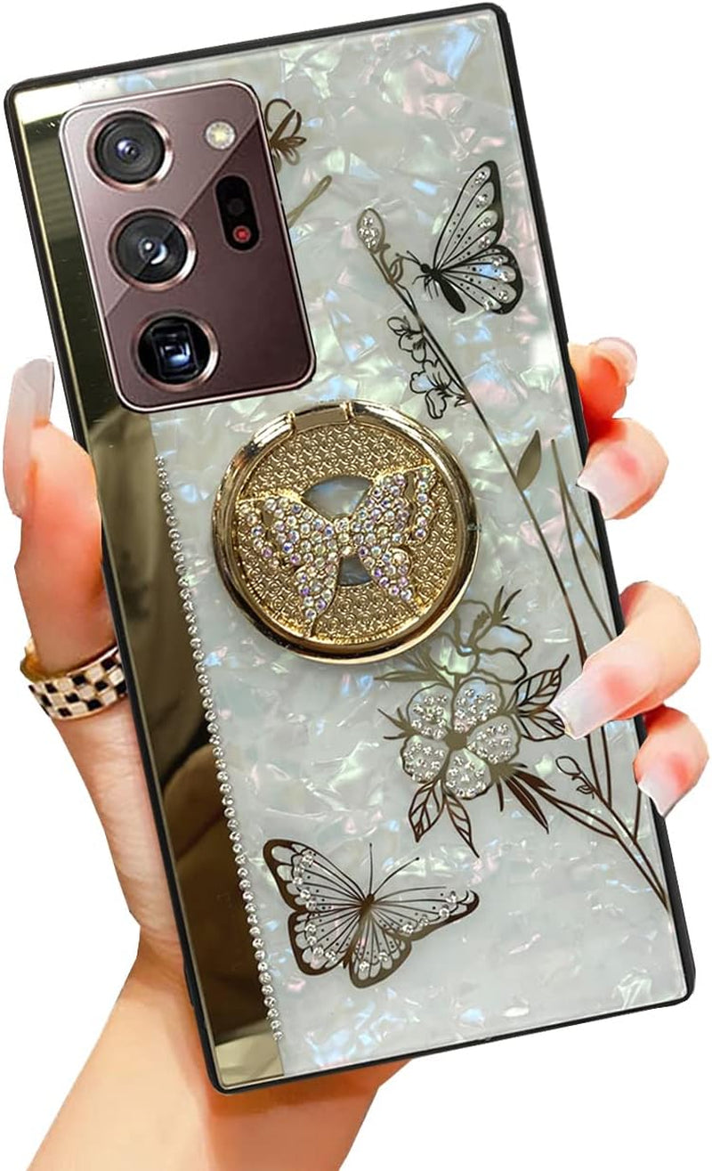 Supshop Note20 for Samsung Galaxy Note 20 5G Case for Women Girl Design with Ring Kickstand,Fashion Cute Bling Diamond Rhinestone Glitter Butterfly Marble Mirror Phone Cover,Purple SUPSHOP B-White For Samsung Galaxy Note20 Ultra