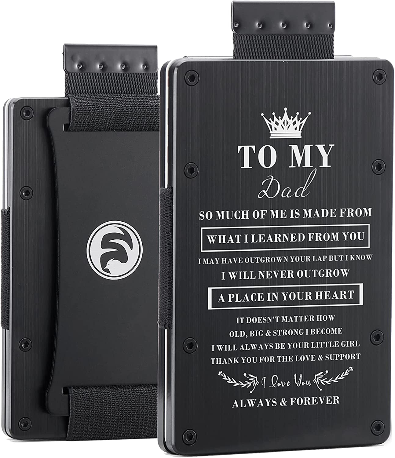 Men Minimalist Metal Engraved Wallet for Son Dad Husband Boyfriend | Slim Front Pocket RFID Blocking Aluminum Tactical Card Holder with Cash Strap | Personalized Birthday Christmas Graduation Gift FeiYen For dad from daughter-Brushed black