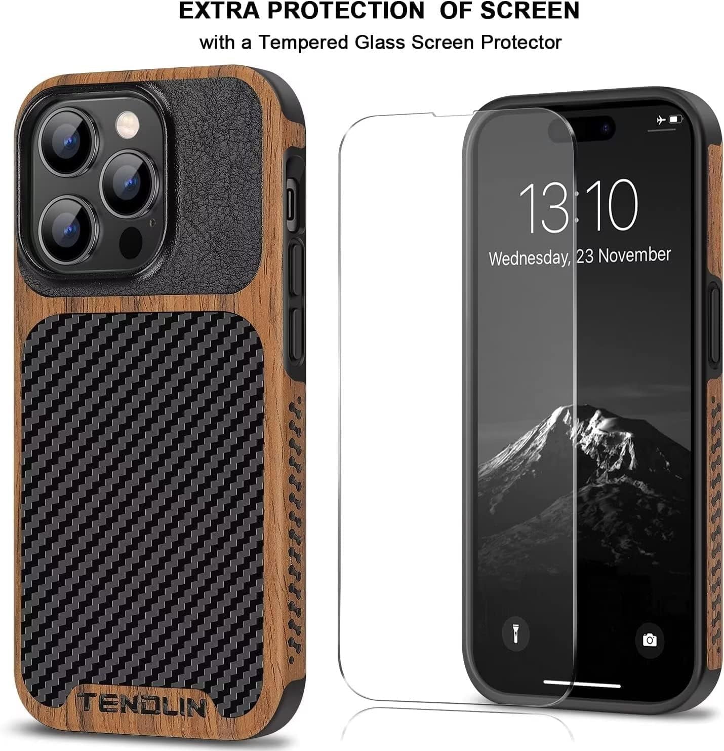 TENDLIN Compatible with Iphone 14 Pro Case Wood Grain with Carbon Fiber Texture Design Leather Hybrid Slim Case Black TENDLIN