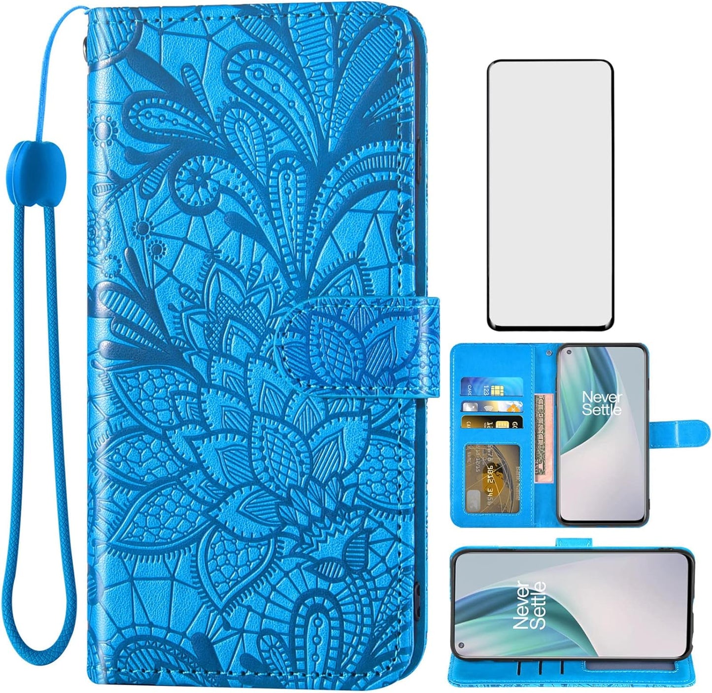 Asuwish Phone Case for Oneplus Nord N200 5G with Screen Protector and Lace Wallet Cover Flip Card Holder Stand Cell Accessories One plus N 200 G5 1 plus 200N 1Plus One+ 1+ N2005G 2021 Women Men Purple Asuwish Blue