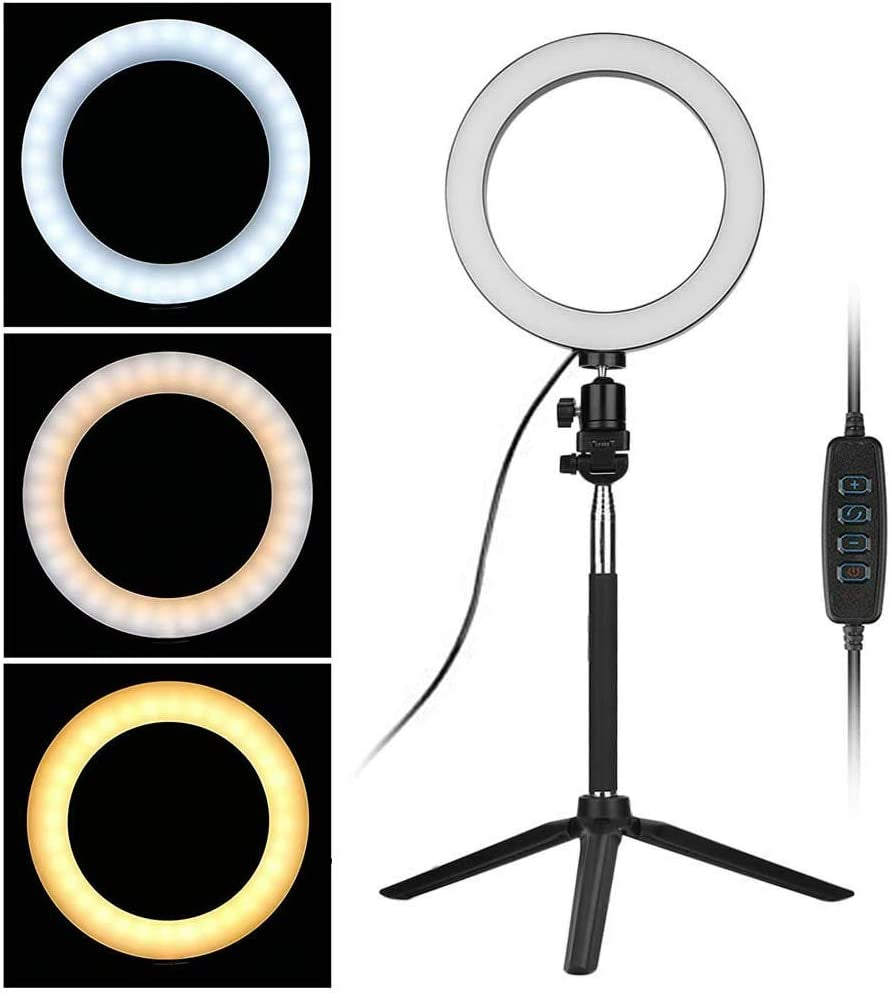 Fonrest LED Ring Light with Stretchable Tripod Stand Selfie Stick, 6-Inch Dimmable Floor/Table Annular Lamp for Selfie, Makeup, Live Stream, Youtube, Vlog, Camera/Phone Video Shooting USB Plug FONREST