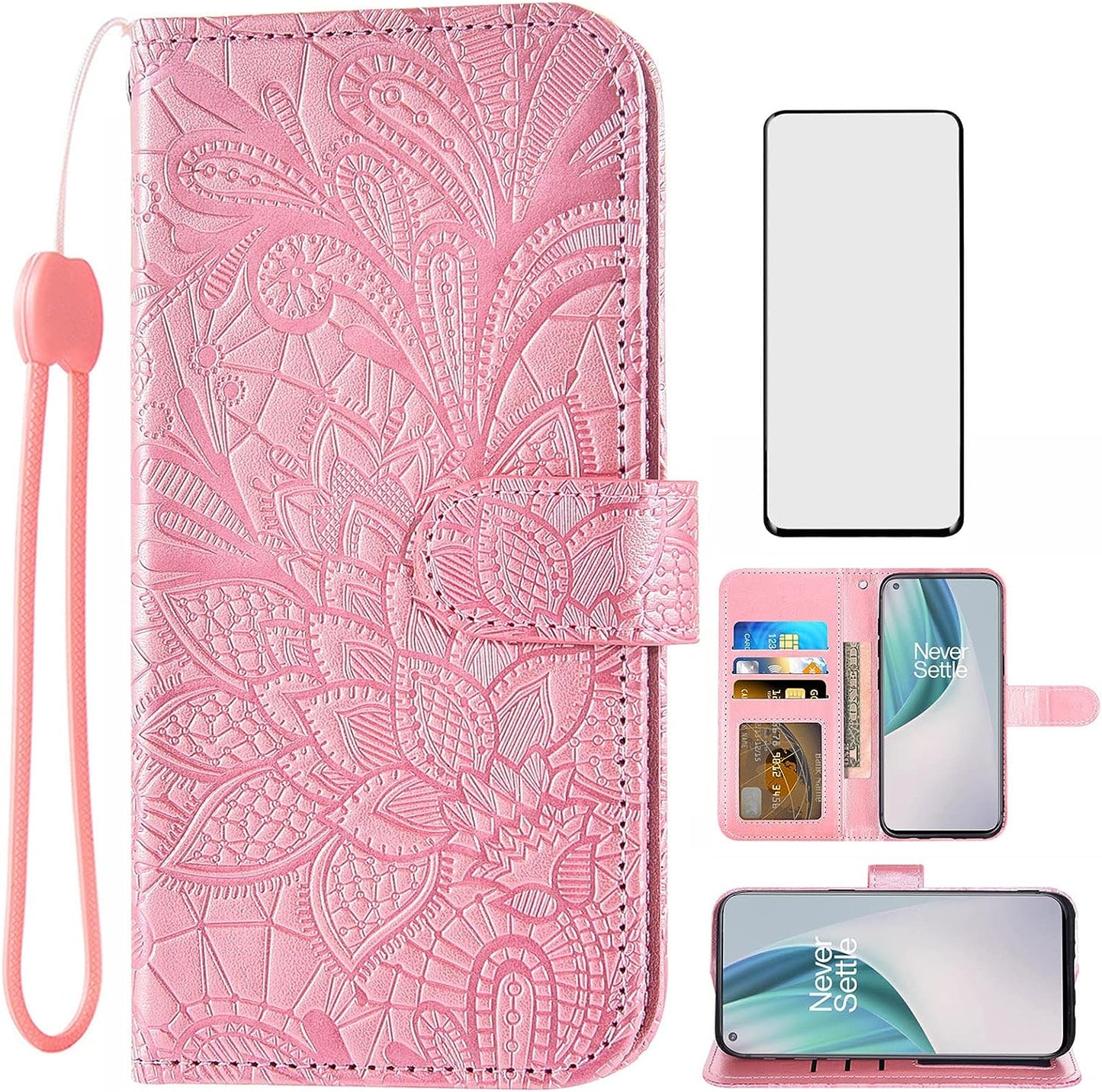 Asuwish Phone Case for Oneplus Nord N200 5G with Screen Protector and Lace Wallet Cover Flip Card Holder Stand Cell Accessories One plus N 200 G5 1 plus 200N 1Plus One+ 1+ N2005G 2021 Women Men Blue Asuwish Rose Gold