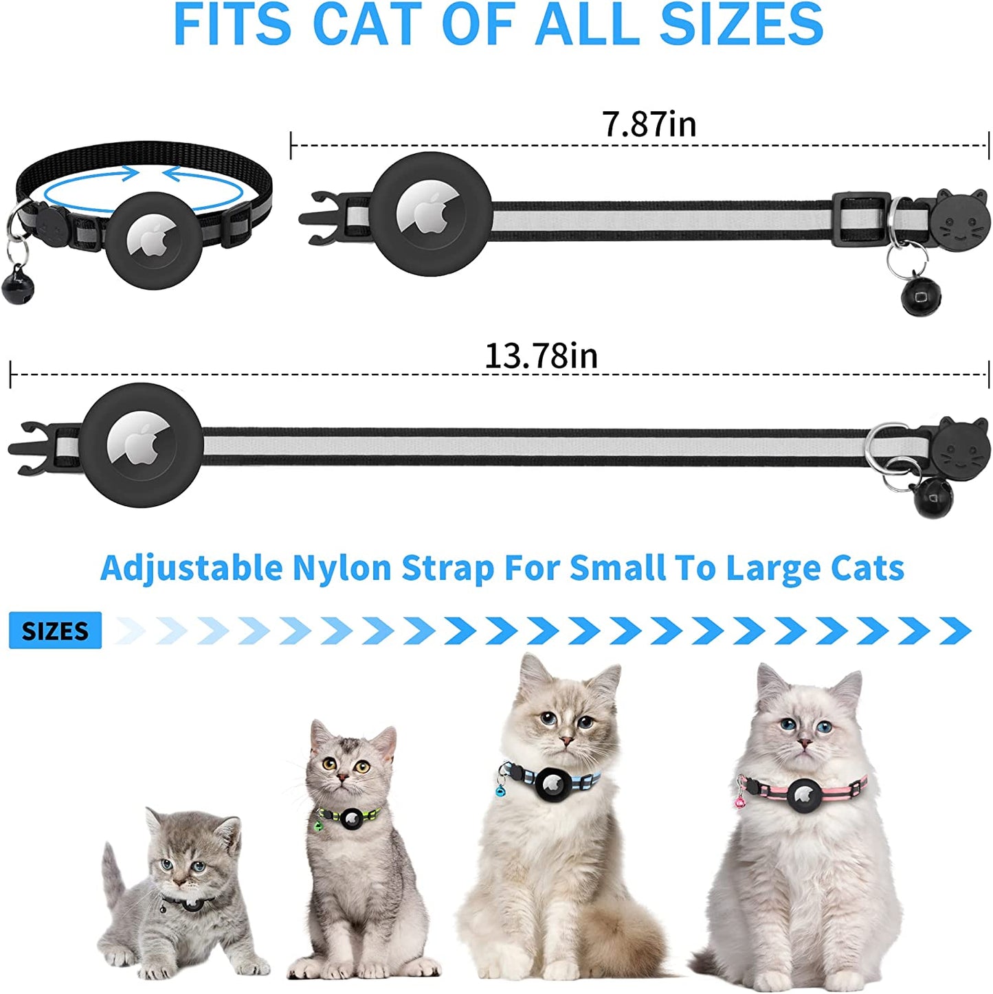 Vyaji 4PCS Airtag Cat Collar - Cat Airtag Collar with Silicone Airtag Holder and Bell - Adjustable Double Layer Nylon Breakaway Cat Collars - 0.2In Reflective Strip VYAJI