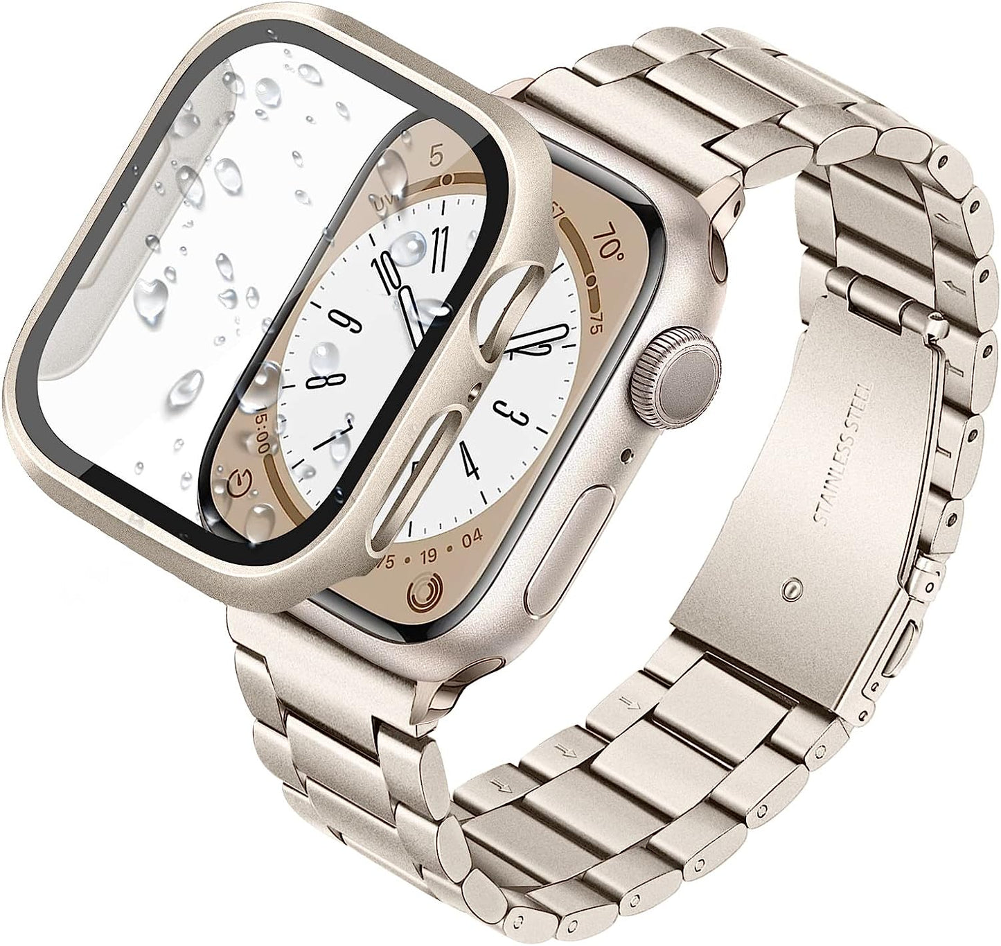 Trumirr Band + Protective Case + Screen Protector for Apple Watch Ultra 49Mm Starlight, Solid Metal Stainless Steel Strap & Tempered Glass Cover for Iwatch Ultra 49Mm TRUMiRR Starlight 45mm