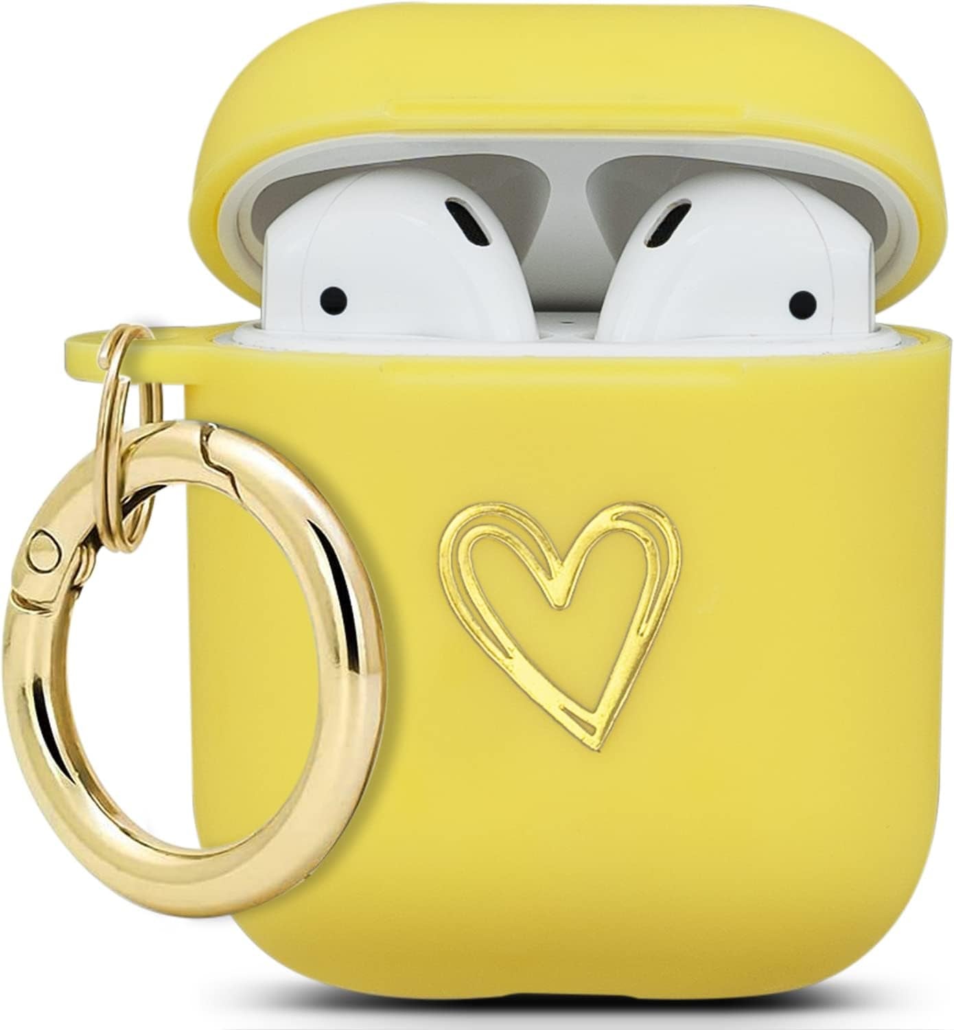 Wonjury Airpods Case Soft TPU Gold Heart Pattern Cute with Keychain Shockproof Cover Case for Girls Woman Apple Airpods 2 &1 - White Wonjury Yellow