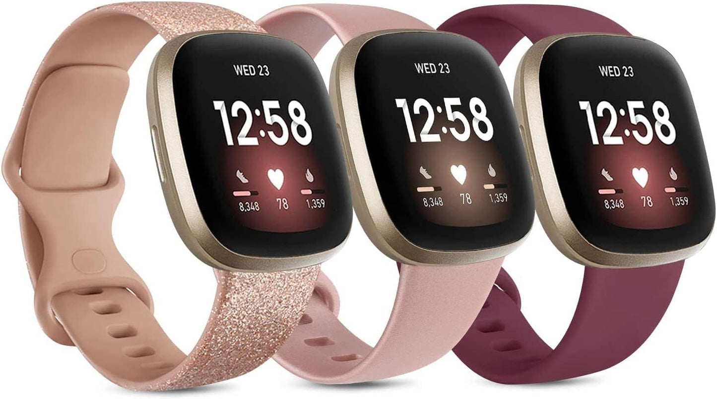 3 Pack Silicone Bands for Fitbit Sense Bands Fitbit Versa 3 Bands Women Men, Classic Soft Sport Bands Replacement Wristbands for Fitbit Sense/Versa 3 Smart Watch (Black/White/Gray, Large) Amzpas .Glistening Rose Gold/Rose Gold/Wine red Small