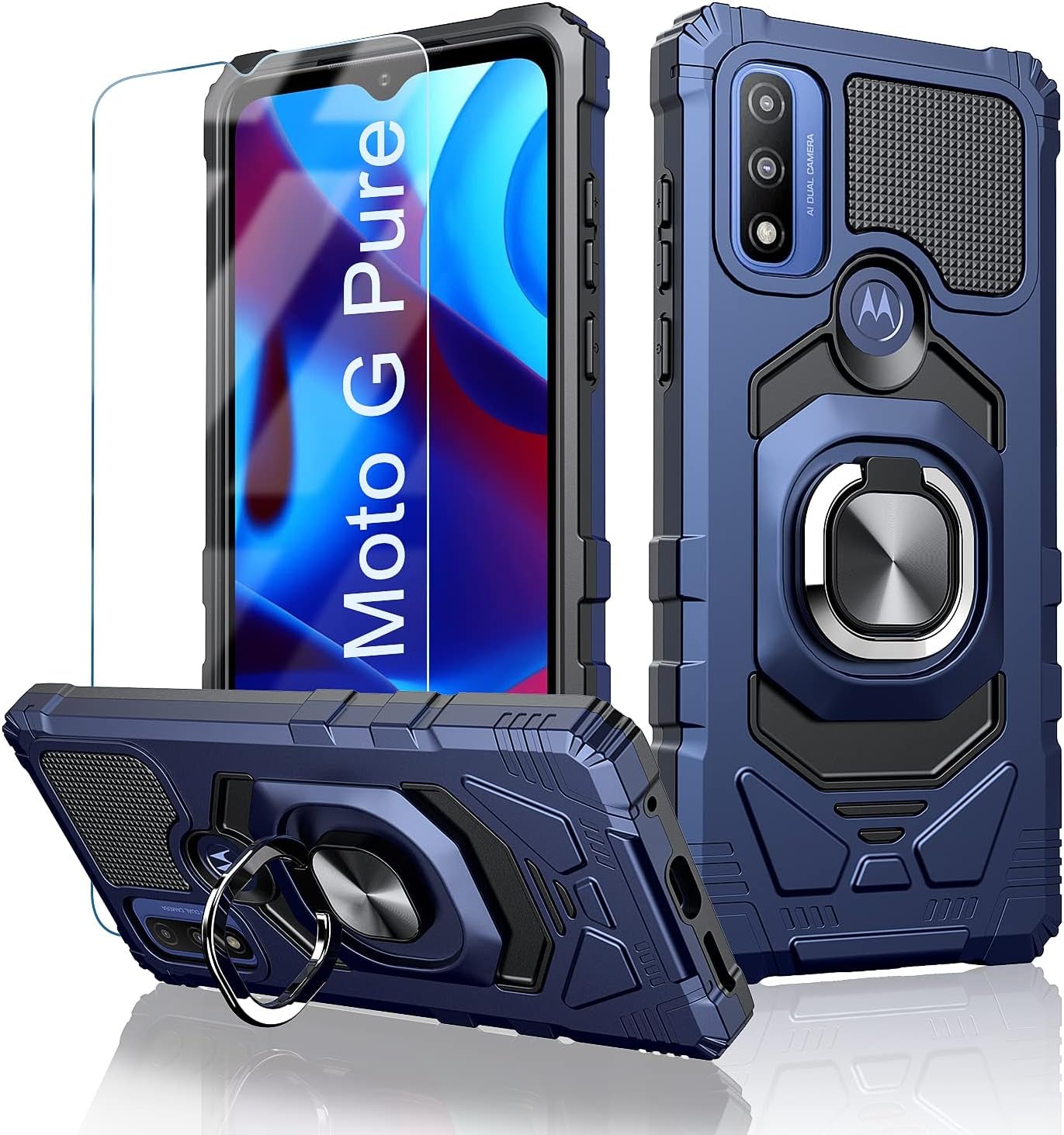 For Motorola Moto-G Pure Case: with Tempered Screen Protector & Built in 360° Adjustable Ring Kickstand Shockproof Protection TPU Bumper Armor Design Phone Cover for Moto G Pure - Black TUNKARMOR Blue