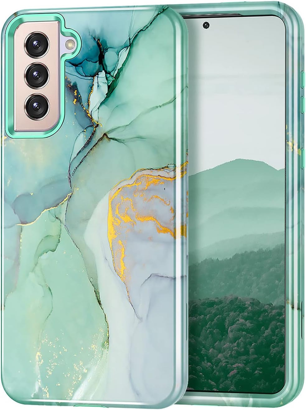 Lamcase for Galaxy S21 plus 5G Case, Heavy Duty Shockproof Hybrid Hard PC Soft TPU Bumper Three Layer Drop Protection Anti-Fall Cover for Samsung Galaxy S21+/S21 plus 5G 6.7 Inch, Blue Gilt Lamcase Green Marble