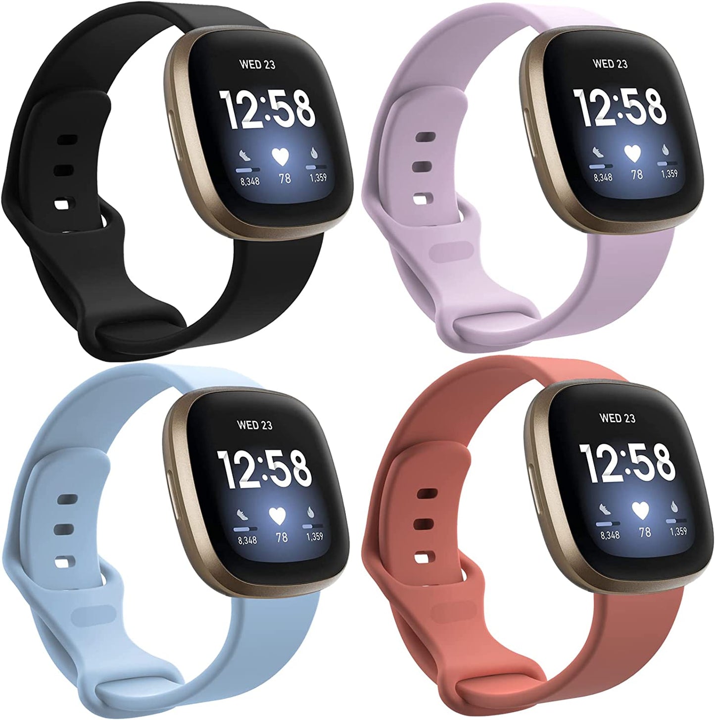 4 Pack Sport Bands Compatible with Fitbit Sense/Versa 3,Classic Soft Silicone Replacement Wristbands for Versa 3 Smart Watch Women Men Large(Black+Dark Blue+Rock Cyan+Grey) SENGKOB Black + Powder Sand + Lilac + Lavender Large