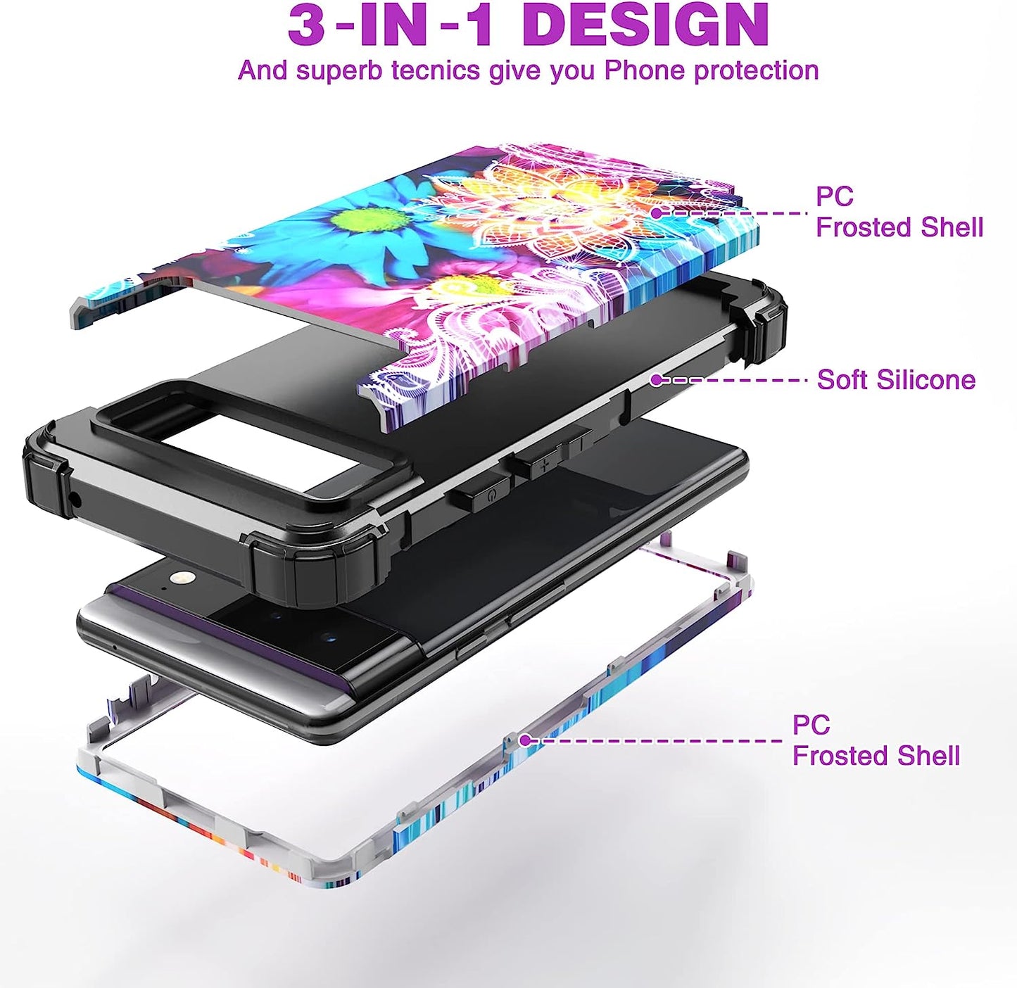 Idweel Google Pixel 6 Case (2021), 3-In-1 Shockproof Hybrid Heavy Duty Protection, Hard PC & Soft Silicone, Full Body Bumper, 6.4 Inch 5G - Flower IDweel