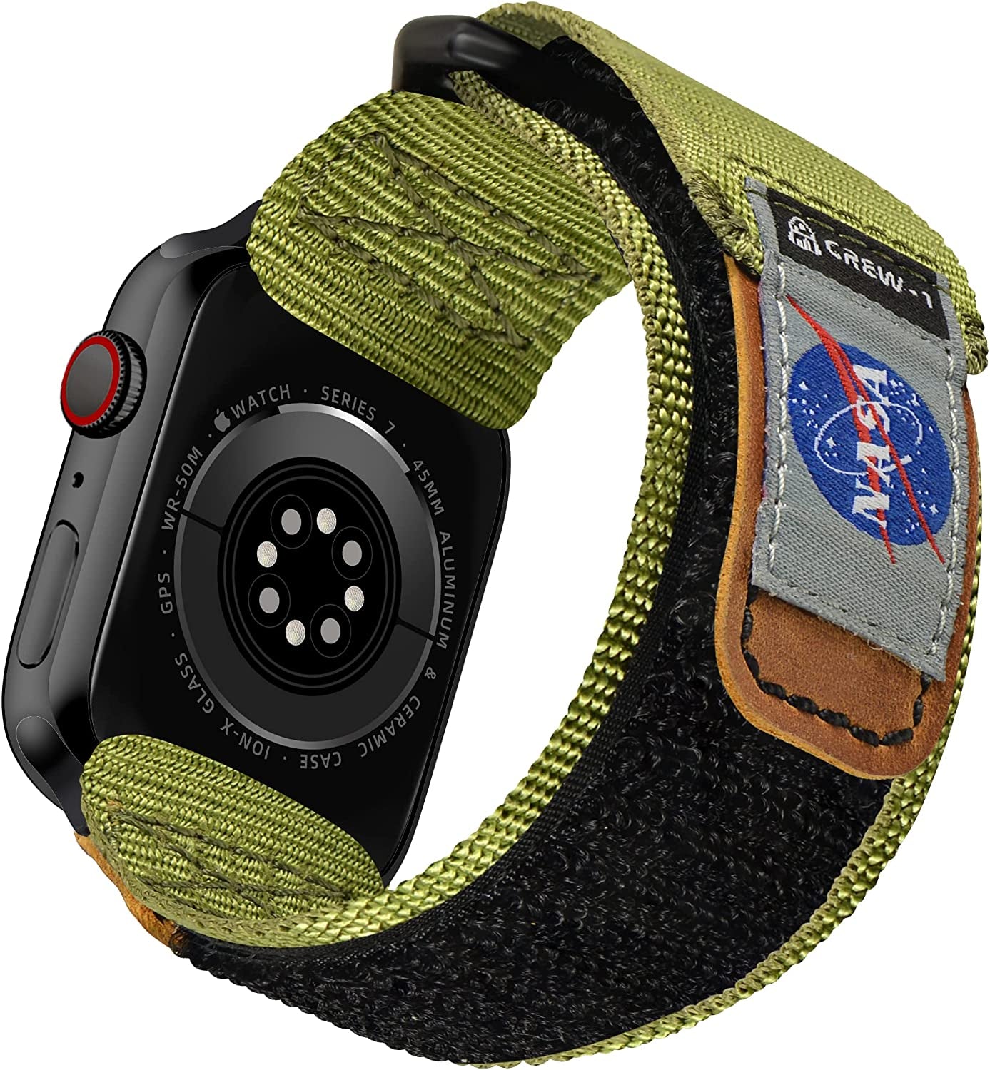 Compatible with Apple Watch Band, NASA Licensed Rugged Nylon Leather Sports Strap with Woven Loop Design for Iwatch 42Mm/44Mm/45Mm, Tough Tactical Replacement Band for Series 8/7/6/5/4/3/2/1/SE MODERN IDEAS FROM ABROAD NASA - Green 49/45/44/42mm - XL - (7" to 10")