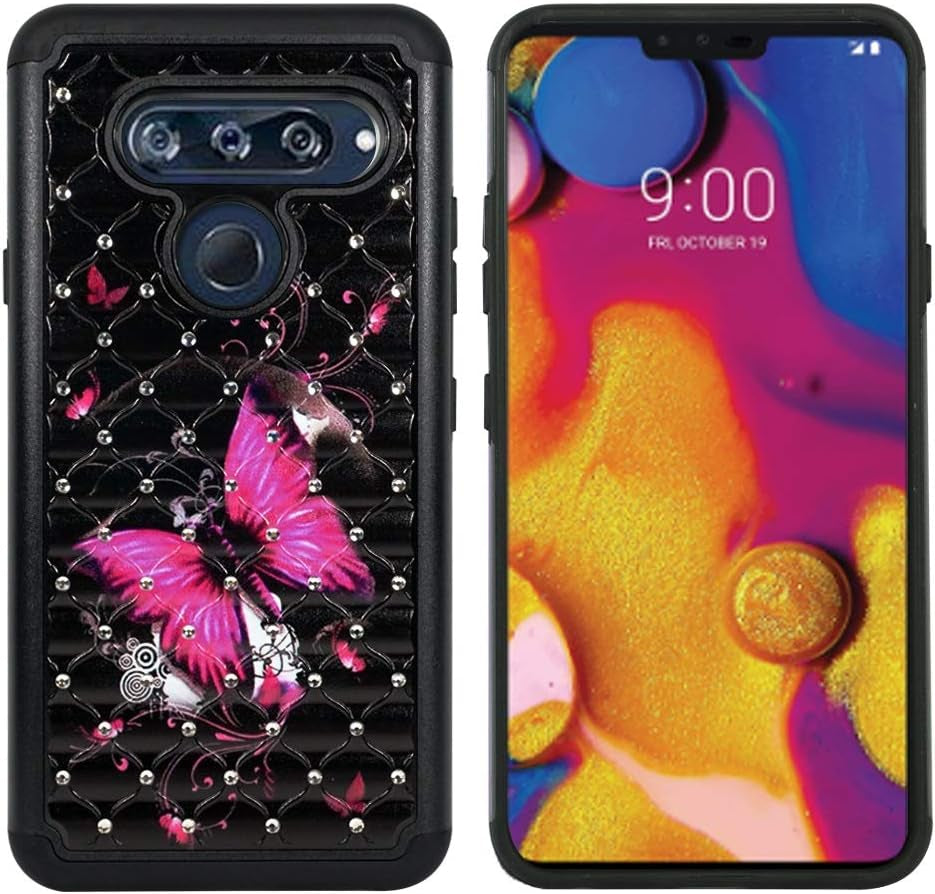 Zase Compatible with LG V40 Thinq Phone Case Hybrid Dual Layer Protection Jewel Studded Rhinestone Shockproof Slim Hard Shell Sparkly Crystal Bling Diamond (Teal Pink Blossom) Zase Hot Pink Butterfly Flower