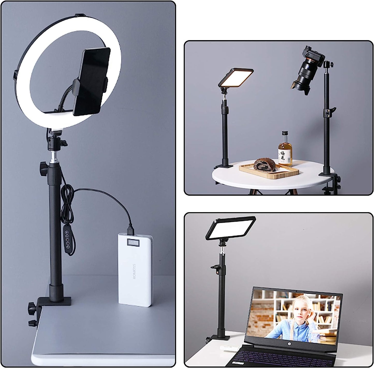 Tabletop Light Stand, Riqiorod Adjustable Desk Mount Stand with 1/4Inch Screw for Selfie LED Ring Light/Led Panel, Desktop Light Stand for Make Up, Selfie, Microphone, Youtube, Live Show Riqiorod