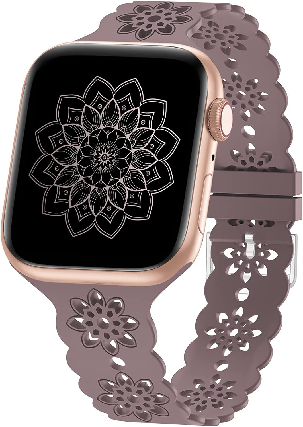 Floral Silicone Band Compatible with Apple Watch Bands 38Mm 40Mm 42Mm 44Mm 41Mm 45Mm 49Mm Women Men, Slim Hollow-Out Design Wristbands Soft Sport Breathable Watch Bands for Iwatch Ultra SE Series 8/7/6/5/4/3/2/1 Wewatri Smoke Violet 38mm/40mm/41mm