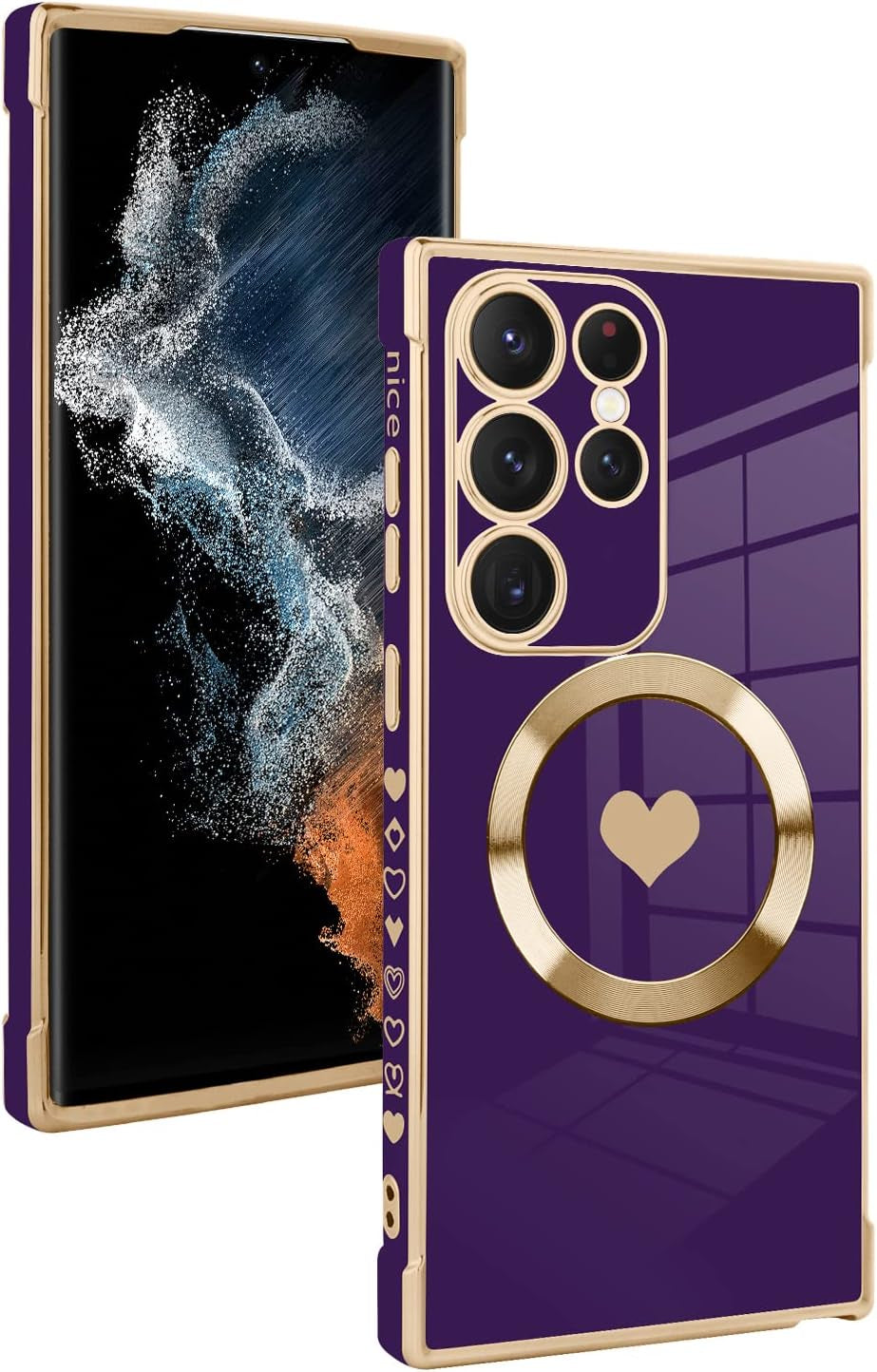 Fiyart Designed for Samsung Galaxy S22 Ultra Case Love Heart Design for Women Girls Soft TPU Plating Full Camera Lens Protection Phone Cover for Galaxy S22 Ultra 6.8"-Pink Fiyart Purple Love Heart