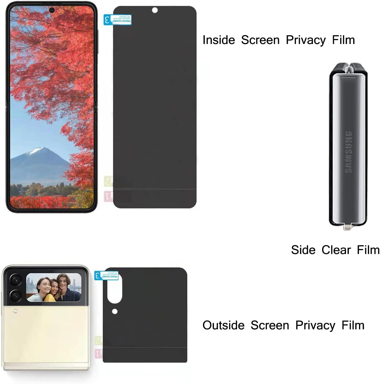 3 Pack Designed for Z Flip 3 Privacy Screen Protector,Anti-Peep 1PCS outside Screen Protector+1Pcs inside Screen Protector+1Pcs Side Protector Film for Samsung Z Flip 3 5G Smooth BYIUIHS