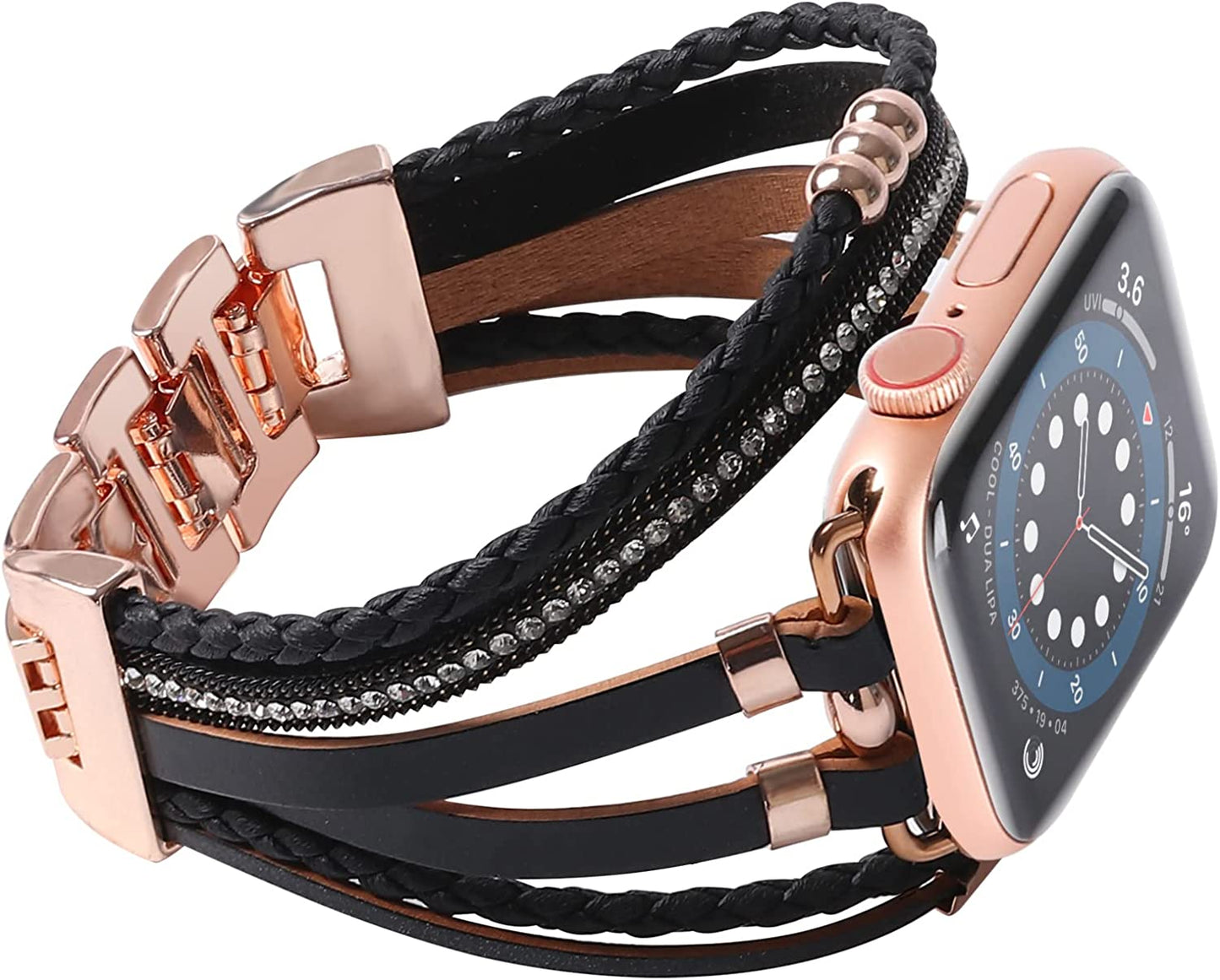 WONMILLE Posh Leather Bands Compatible with Apple Watch 41Mm 40Mm 38Mm 45Mm 44Mm 42Mm 49Mm Women, Boho Bracelets Jewelry Multilayer Wrap Strap for Iwatch Series Ultra 8 7 6 5 4 3 2 1 SE WONMILLE Black with Rose Gold 42mm/44mm/45mm