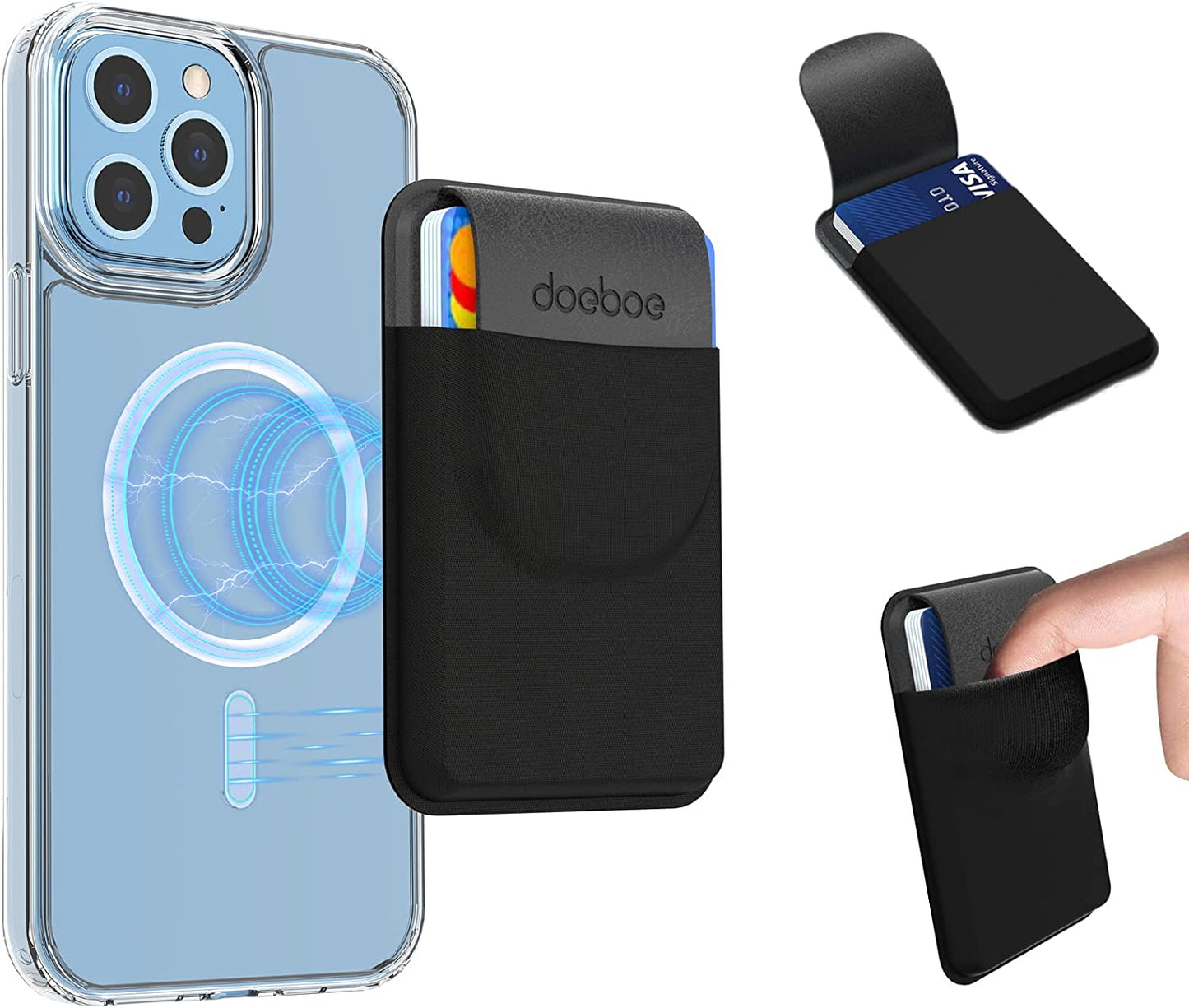 Doeboe for Magsafe Wallet Iphone 14 13 Pro Max, Magnetic Phone Wallet for Iphone 13/Mini/Pro, Stretch Fabric Phone Card Holder for Back of Phone for Iphone 12/Mini/Pro/Pro Max, up to 5 Cards(Blue) doeboe us Deep Black