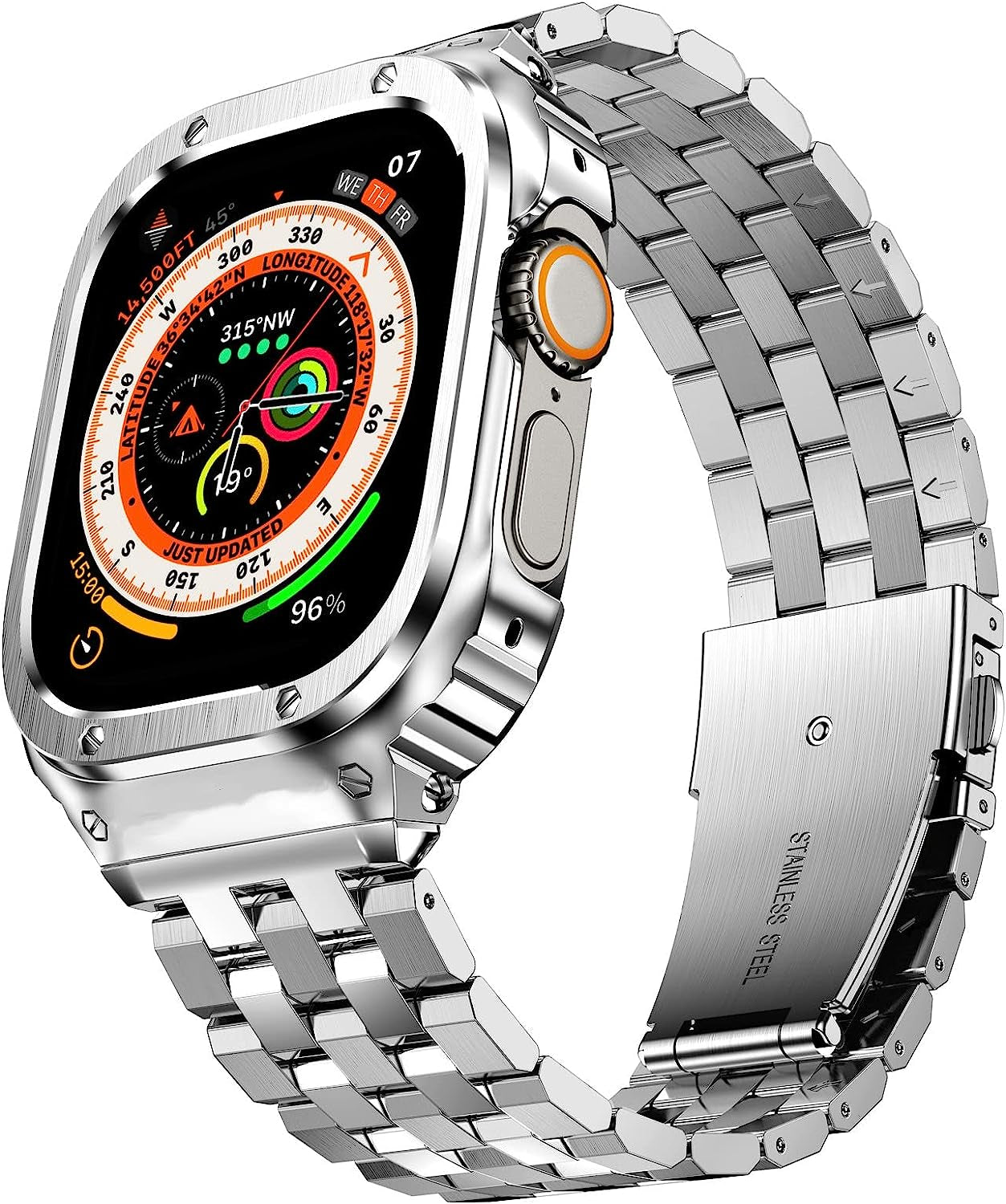 SUPLINK Stainless Steel Case with Band Compatible Apple Watch Bands 40Mm/41Mm/44Mm/45Mm/49Mm,Metal Rugged Protector Cover Bumper Strap for Iwatch Ultra Series 8/7/6/5/4/SE for Men SUPLINK Silver-49 49mm(Ultra)