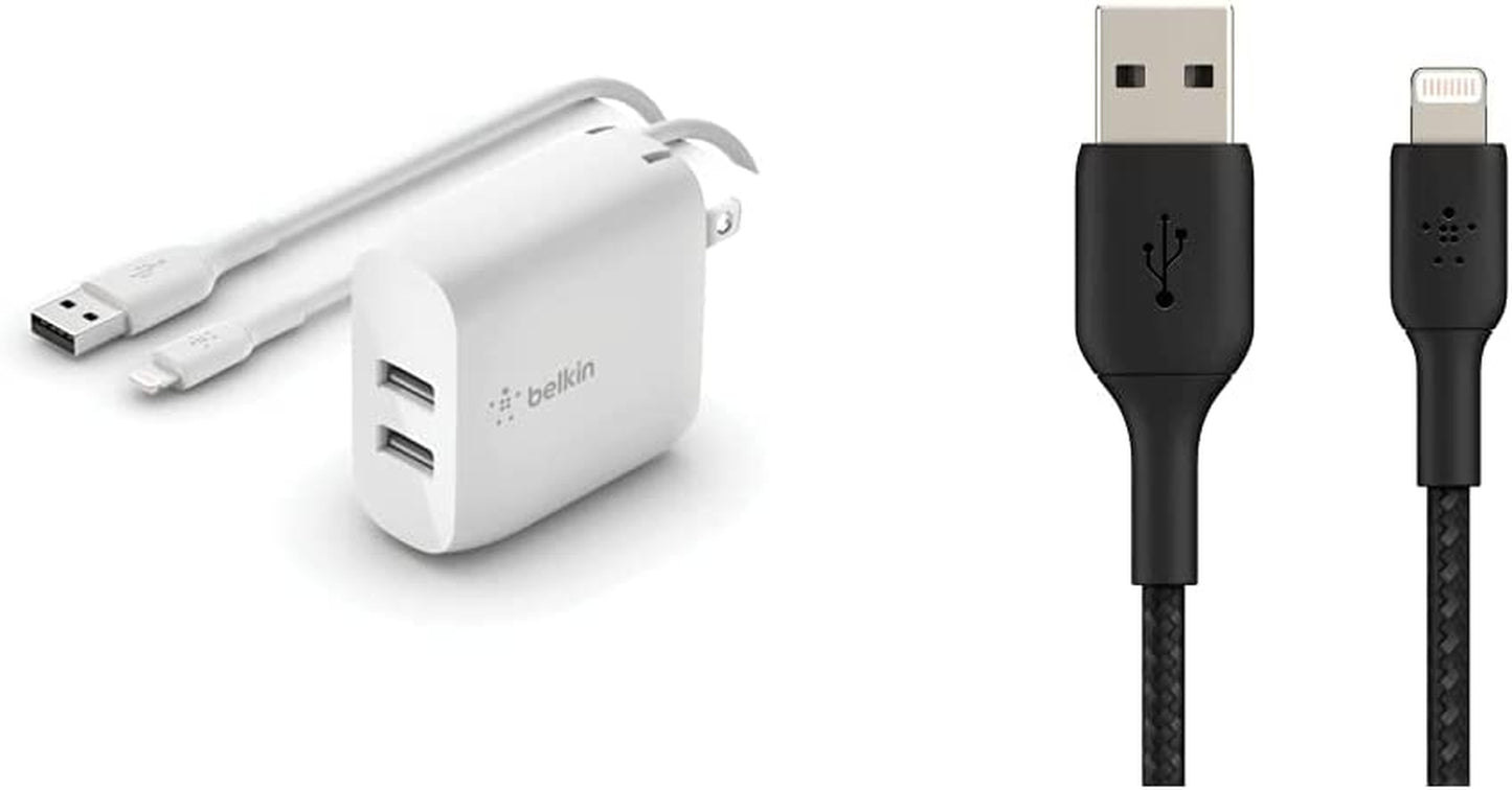Belkin 24W Dual Port USB Wall Charger - Iphone Fast Charging - USB Charging Block for Power Bank, Iphone 14, Iphone13, Iphone 12, Iphone 11, Ipad Pro, Samsung & More, Iphone Cable Not Included Belkin Includes Lightning Cable Charger + Cable, 6.5ft/2m, Black
