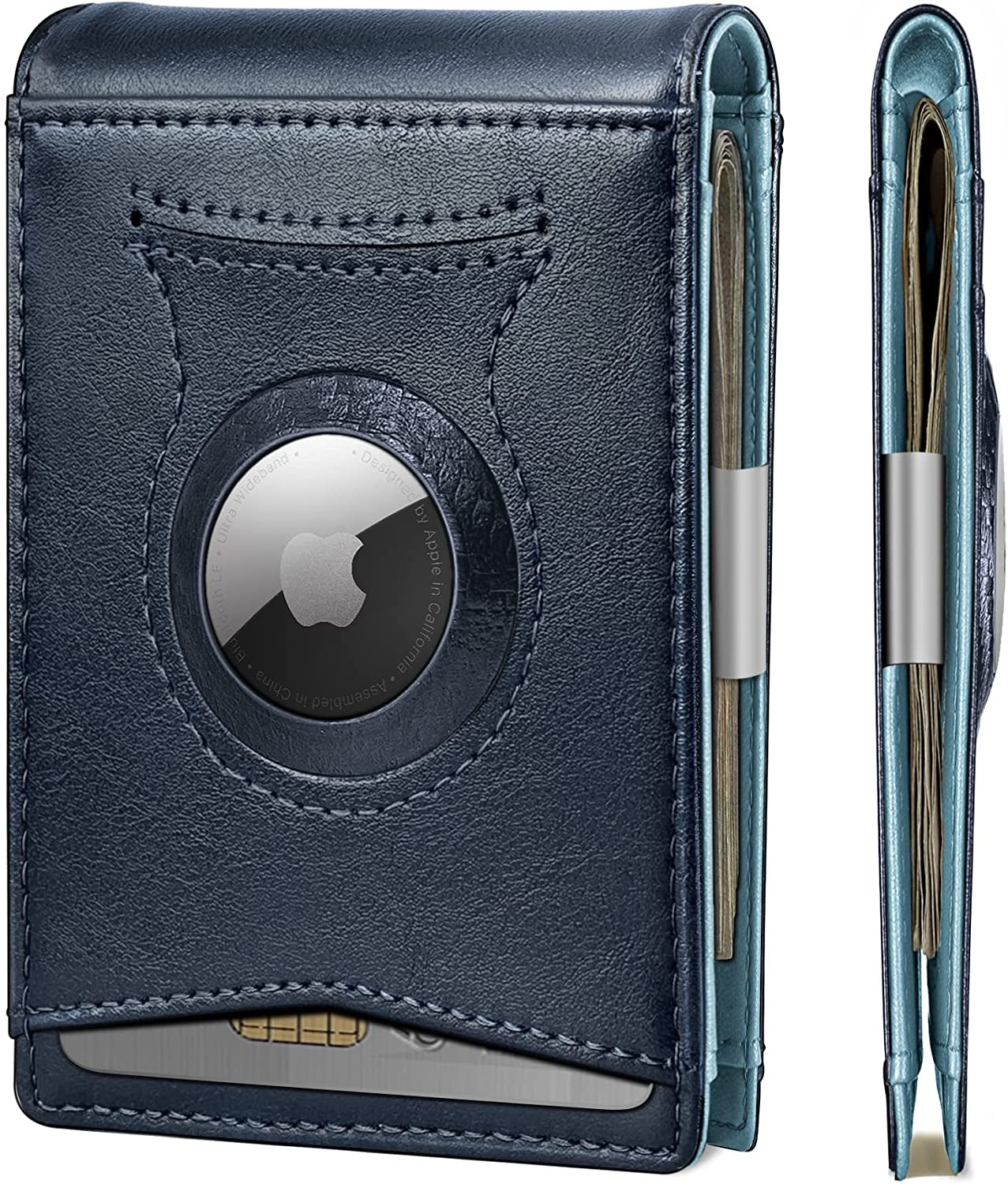 KS Mens Wallet for Airtag or Standard Use, Slim Front Pocket Wallet Money Clip 11 Cards RFID Blocking,No Hole KS Purplish Blue2830 Alaska Leather1