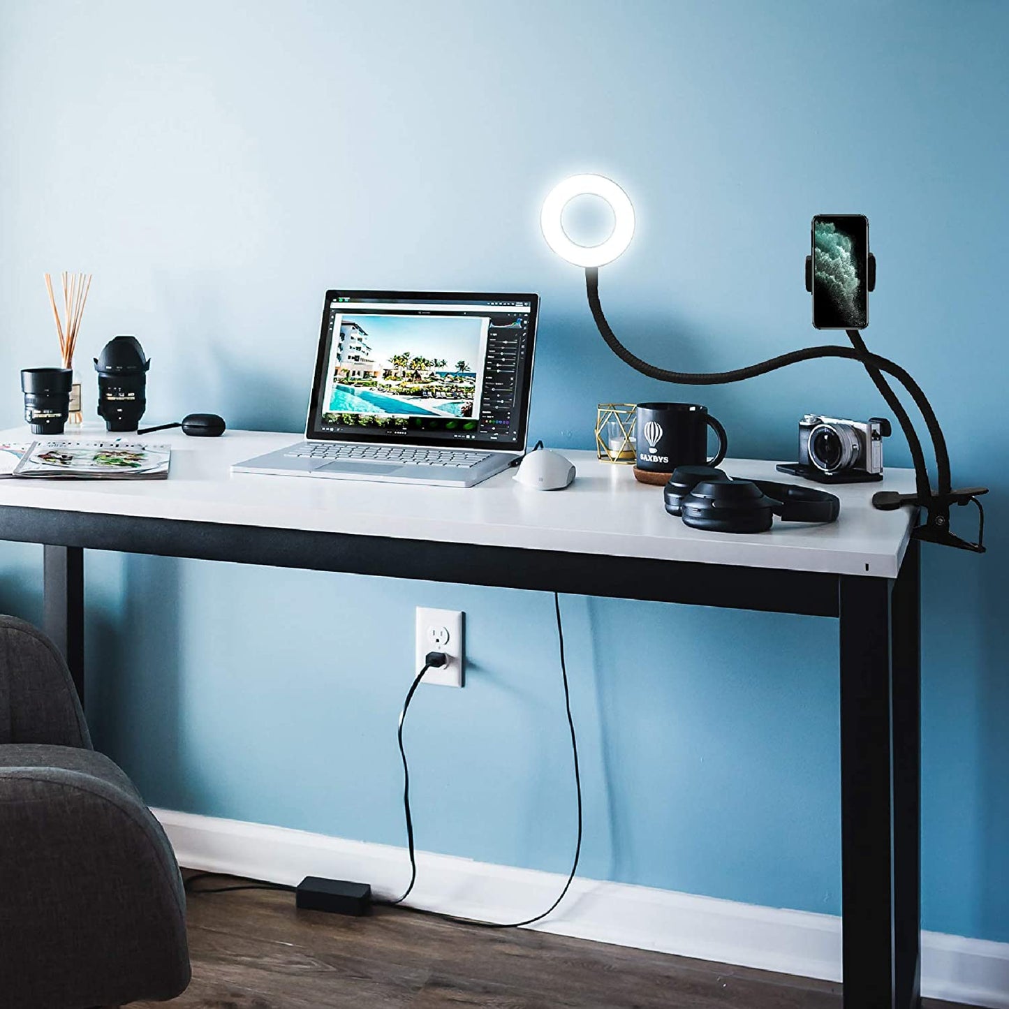 TALK WORKS Selfie Ring Light Cell Phone Holder Compatible W/Iphone 13/13 Pro/13 Pro Max/14/14 Plus/14 Pro/14 Pro Max - Flexible Clip USB LED Stand for Live Streaming W/ 10 Brightness Levels (Black) MAP 140 (Talkworks)_Private Label (bounty)