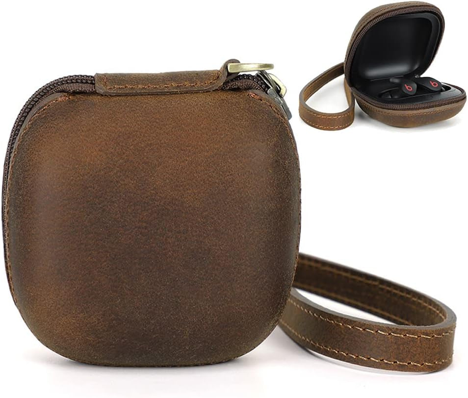 Genuine Leather Case Compatible with Beats Fit Pro Earbuds Wireless Earphone Cover Sleeve with Keychain Portable Leather Lanyard (Camel Color) NS Coffee Color