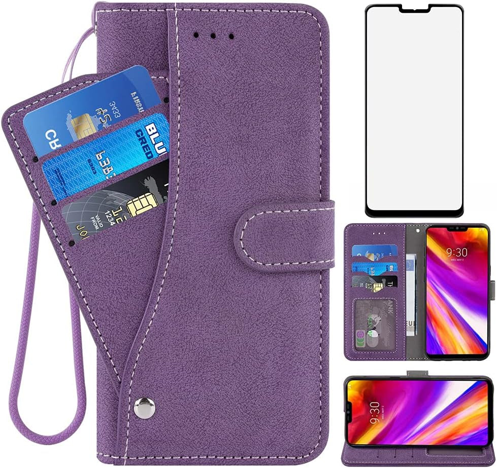 Compatible with LG G7 Thinq Wallet Case and Tempered Glass Screen Protector Flip Cover Credit Card Holder Cell Phone Cases for LGG7 One G 7 plus LG7 Fit Lg7Thinq 7G Thin Q G7+ G7Thinq Lgg7Thinq Blue NSS Purple