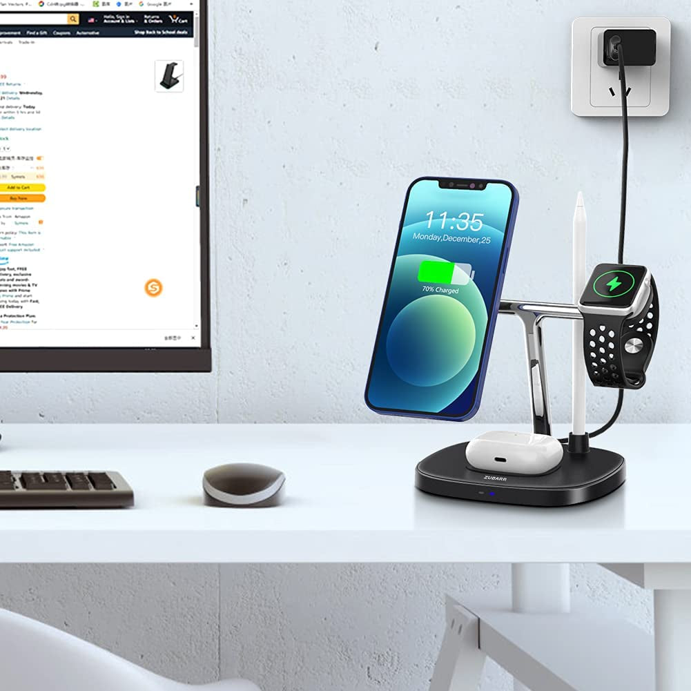 ZUBARR 4 in 1 Fast Wireless Charger, Magnetic Wireless Charging Station Compatible with Iphone 14/13/12 Series, Iwatch SE/6/5/4/3/2, Airpods 2/Pro and Pencil 1Nd with QC 3.0 Adapter ZUBARR