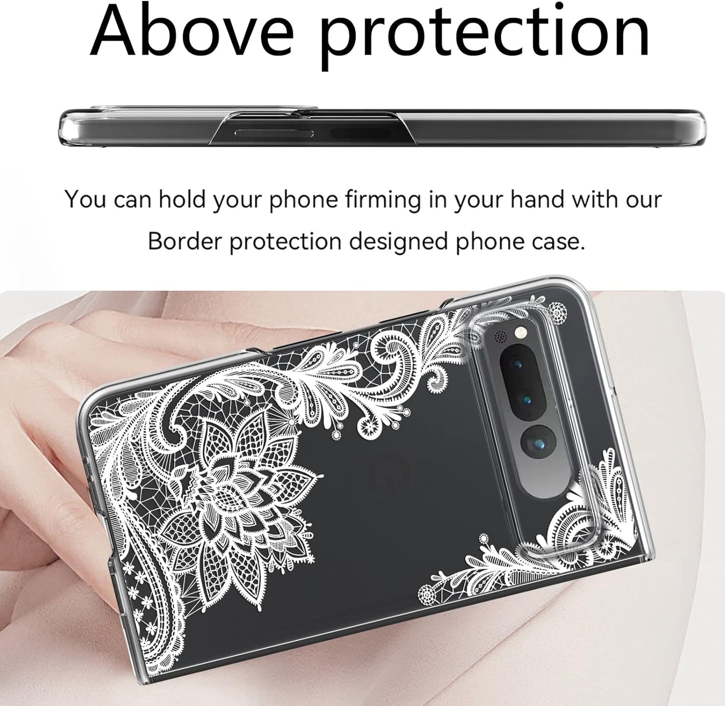 Osophter for Google Pixel Fold 5G Case Clear: Flower Floral for Girls Women Shock-Absorption Transparent Back Cell Phone Cover Cases for Google Pixel Fold 5G(White Lace) Osophter