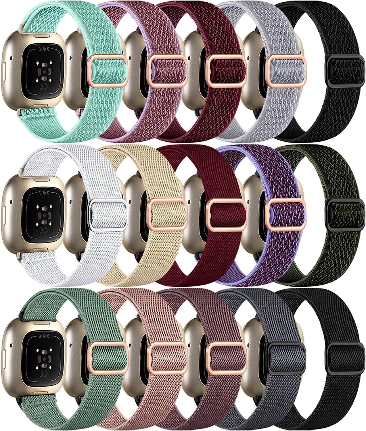 Adorve Compatible with Fitbit Sense Bands/Sense 2/Versa 3/Versa 4 Bands for Women Men, Adjustable Breathable Elastic Nylon Solo Loop Replacement Straps for Fitbit Versa 4/Versa 3/Sense 2/Sense Watch Adorve 15Pack-groupB ONLY For Versa 3/Versa 4/Sense/Sense 2