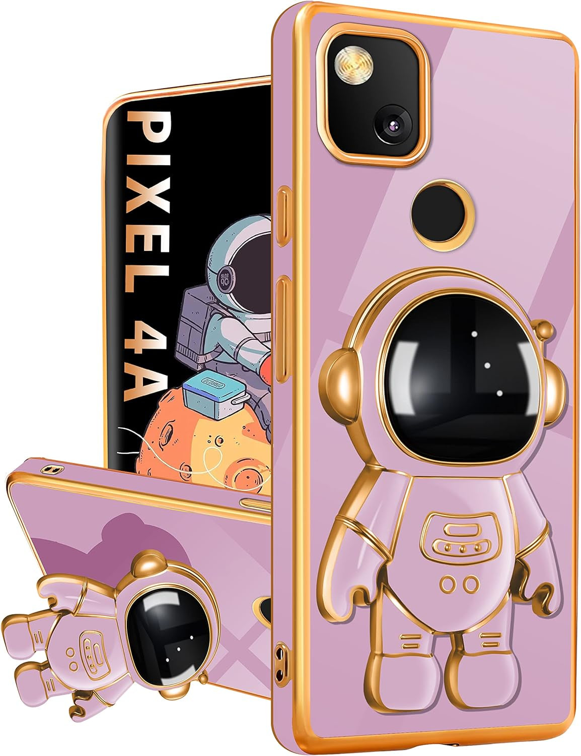 Buleens for Google Pixel 4A Case with Astronaut Stand, Women Girls Pixel 4A Cases, Girly Cute 6D Outer Space Heart Pattern Phone Cover for Google Pixel 4A(Not Fit 5G) 5.8 Inch (White) Buleens Purple