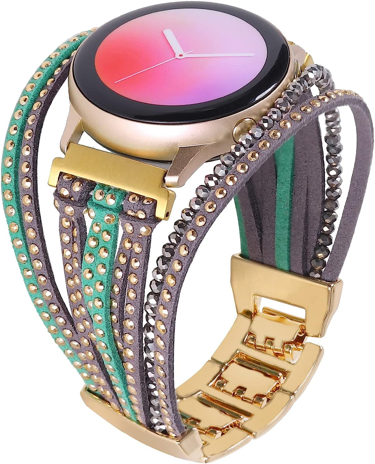 20Mm Bracelet Watch Band Compatible with Samsung Galaxy Watch 4 40Mm 44Mm/Watch 4 Classic 42Mm 46Mm/ Watch Active 2/Watch 3 41Mm/Garmin Vivoactive 3, 20Mm Glitter Leather Boho Bracelet Jewelry Multilayer Strap for Women NEWLOTSE Grey+Green