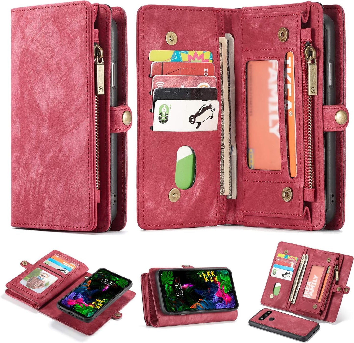 Simicoo LG G8 Thinq Leather Wallet Zipper Purse Detachable Card Slots Holder Flip Case Magnetic Wrist Strap Handle Shockproof Cover Pocket Wallet Handbag for LG G8 Thinq (Black, LG G8 Thinq) Simicoo Red Lg G8 Thinq