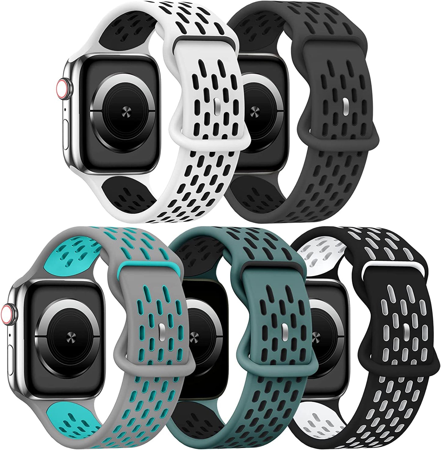 TSAAGAN 5 Pack Sport Silicone Bands Compatible for Apple Watch Band 49Mm 41Mm 45Mm 40Mm 44Mm 38Mm 42Mm, Breathable Strap Replacement Wristband for Iwatch Ultra Series 8/7/SE/6/5/4/3/2/1 Women & Men TSAAGAN White Black/Anthracite Black/Gray Teal/Cactus Black/Black White 38/40/41mm