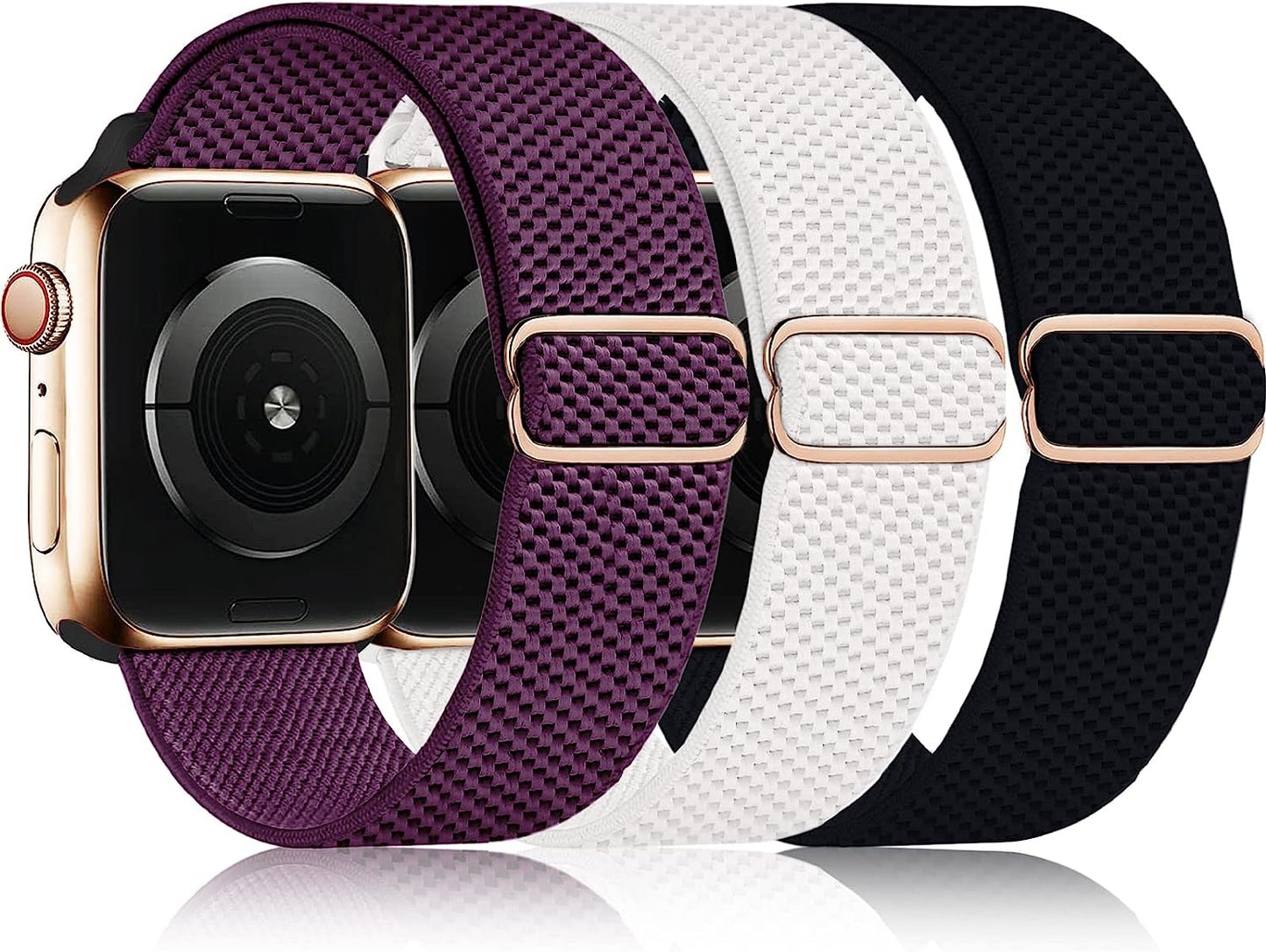 3 Packs Stretchy Nylon Solo Loop Band Compatible with Apple Watch Band 38Mm 40Mm 41Mm 42Mm 44Mm 45Mm for Women Men, Adjustable Sport Elastic Strap for Iwatch Series SE/7/6/5/4/3/2/1 UPOLS E-Purple/White/Black 38mm/40mm/41mm