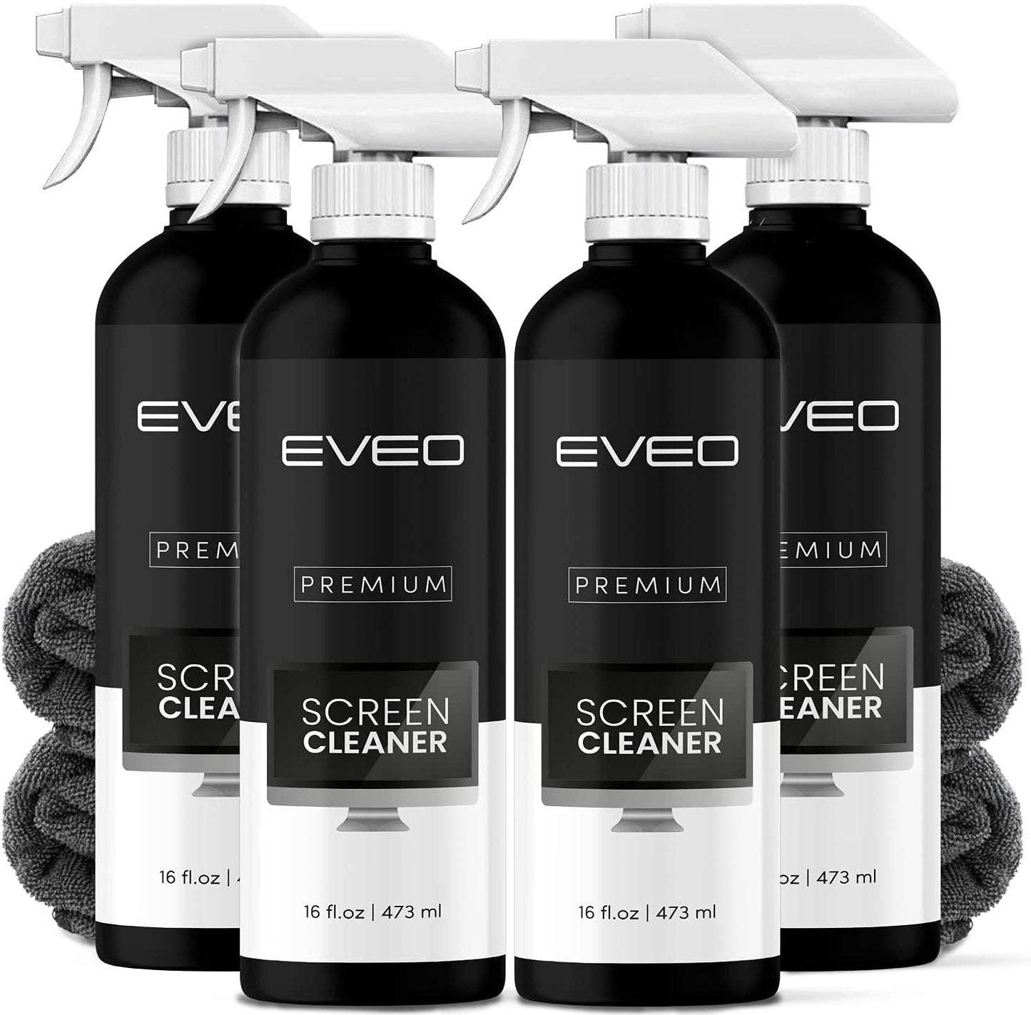 Screen Cleaner Spray (16Oz) - Large Screen Cleaner Bottle - TV Screen Cleaner, Computer Screen Cleaner, for Laptop, Phone, Ipad - Computer Cleaning Kit Electronic Cleaner - Microfiber Cloth Wipes EVEO 4 Pack