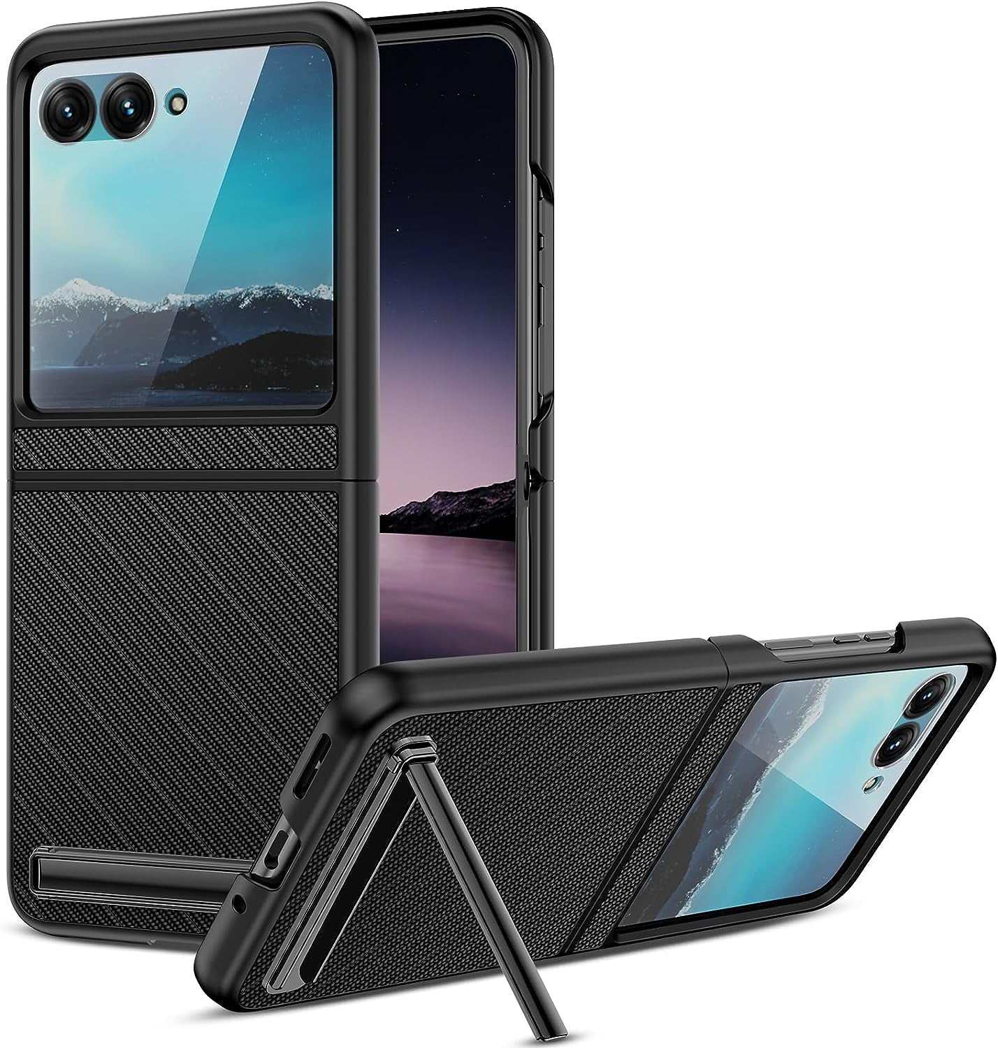 NULETO for Moto Razr plus 2023 Case with Kickstand, Razr+ Phone Case with Built-In Screen Protector for Outer Screen, Drop Protective Slim Motorola Razr plus Case with Luxury Leather Cover, Blue NULETO Carbon Black