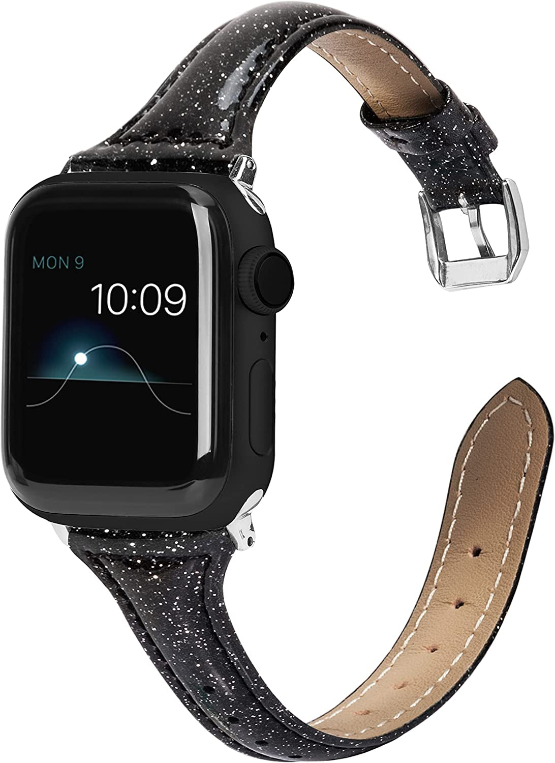 Wearlizer Rose Gold Leather Compatible with Apple Watch Leather Bands 38Mm 40Mm 41Mm Womens for Iwatch Series 8 7 6 5 4 3 2 1 SE Shiny Slim Smooth Wristband Bling Glitter Strap (Gold Clasp) Wearlizer Black 38/40/41mm