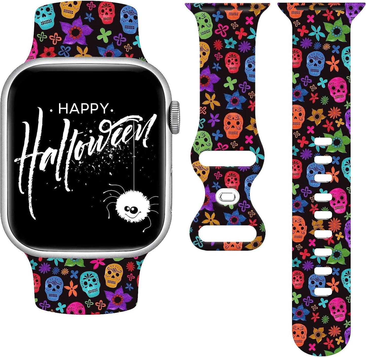 Halloween Watch Band Compatible with Apple Watch 38Mm 40Mm 41Mm 42Mm 44Mm 45Mm, Day of the Dead Decor Replacement Bands Silicone Wristbands Strap Compatible with All Iwatch Series WANSENCE Style-4 42mm/44mm/45mm