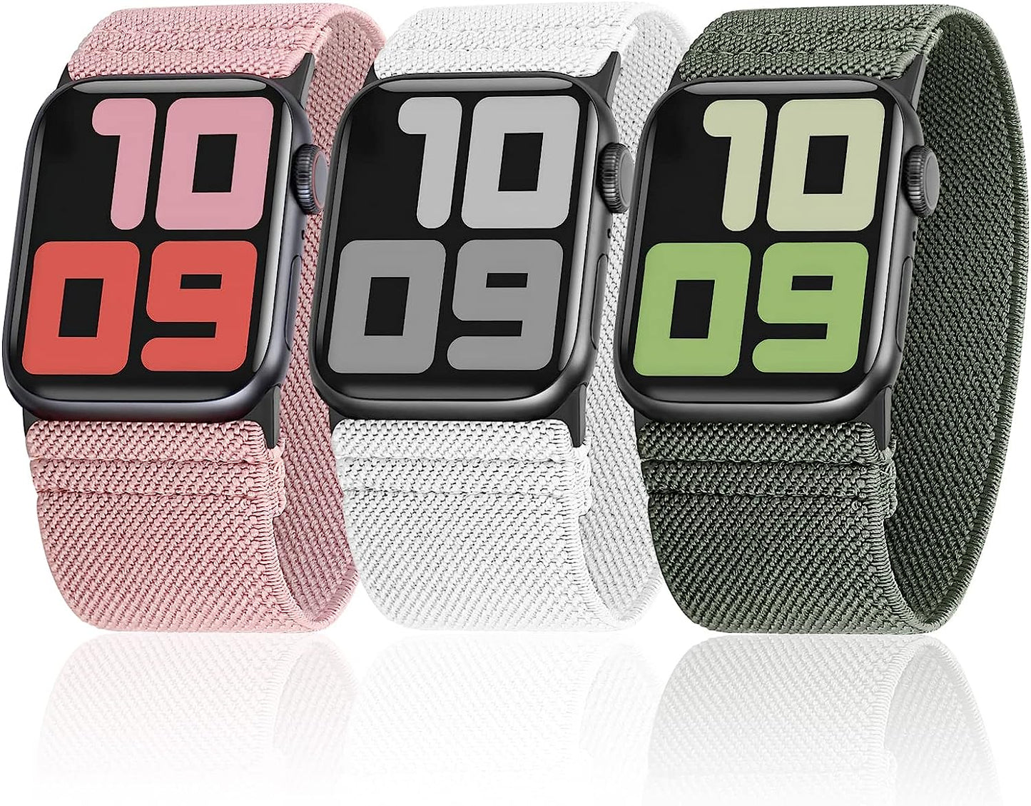 Ultra Wide Solo Loop Bands Compatible with Apple Watch Band 49Mm 38Mm 40Mm 41Mm 42Mm 44Mm 45Mm, Nylon Stretchy Braided Elastic Sport Women Men Strap for Iwatch Series Ultra 8 7 6 5 4 3 2 1 SE, 3 Packs HPJK Pink/White/Catus 38/40/41mm M(Wrist 6.3’’-6.9’’/160-175mm)