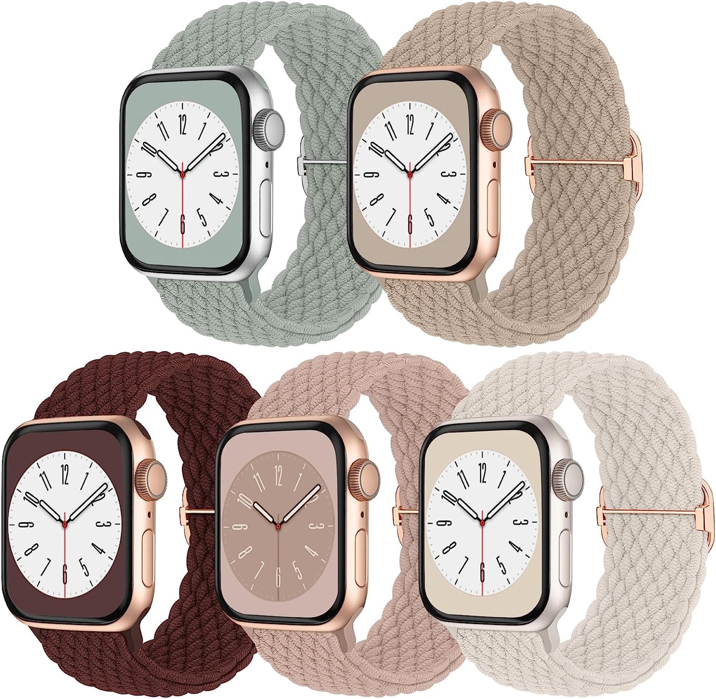 Braided Solo Loop Compatible with Apple Watch Band 38Mm 40Mm 41Mm 42Mm 44Mm 45Mm 49Mm, Women Men Nylon Stretchy Bands Adjustable Elastic Sport Straps for Iwatch Ultra Series 8 7 6 5 4 3 2 1 SE, 5 Pack Butifacion Starlight/Pink/Sage Green/Wine Red/Milk Tea 42mm/44mm/45mm/49mm