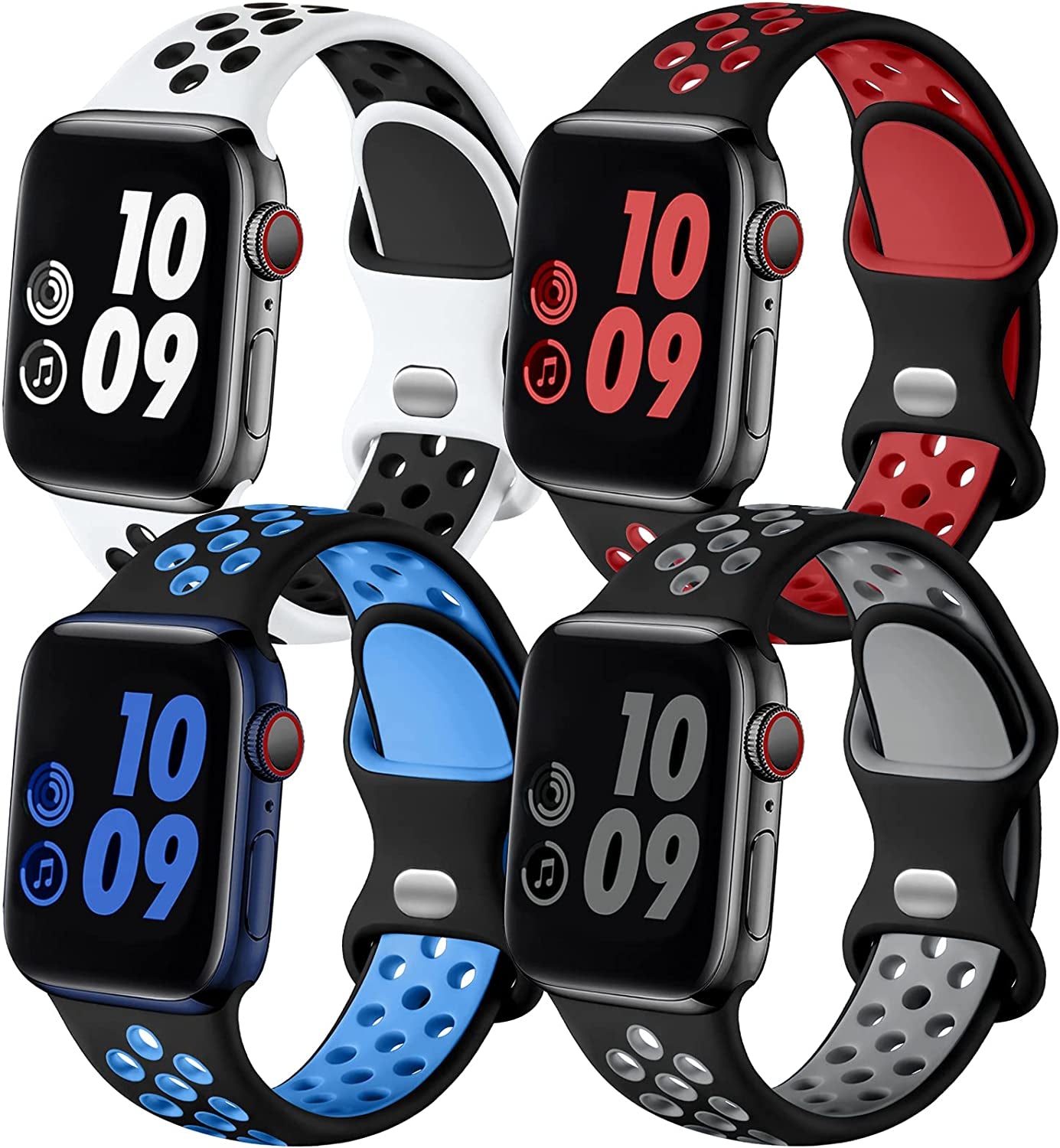 Adorve 4 Pack Sport Bands for Apple Watch 49Mm 41Mm 40Mm 38Mm 45Mm 44Mm 42Mm for Women Men, Durable Breathable Soft Silicone Replacement Wrist Strap for Iwatch Ultra SE Series 8 7 6 5 4 3 2 1, S/M M/L Adorve BlackBlue/BlackGray/BlackWhite/BlackRed 38mm/40mm/41mm M/L