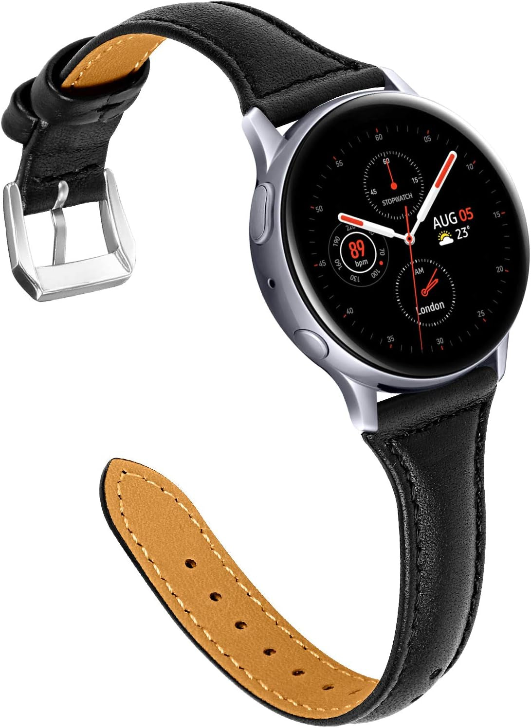JOYOZY Leather Band Compatible with Samsung Galaxy Watch 5/4 40Mm 44Mm,Active(40Mm)/2(40Mm)(44Mm),Stylish Slim Wristband Strap for Galaxy Watch 42Mm/Samsung Galaxy Watch 4 Classic/Watch 5 Pro 45Mm Joyozy Black/Silver