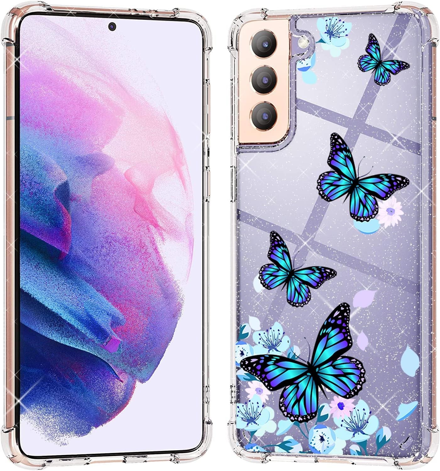Galaxy S21 Case Crystal Clear Shockproof Bumper Protective Cell Phone Cover for Samsung Galaxy S21 5G Hybrid Design Hard PC Back with Flexible TPU Frame Slim Fit Skin for Men Women Boy Girl 4 Corners KIOMY D-Flower Butterfly For Samsung Galaxy S21