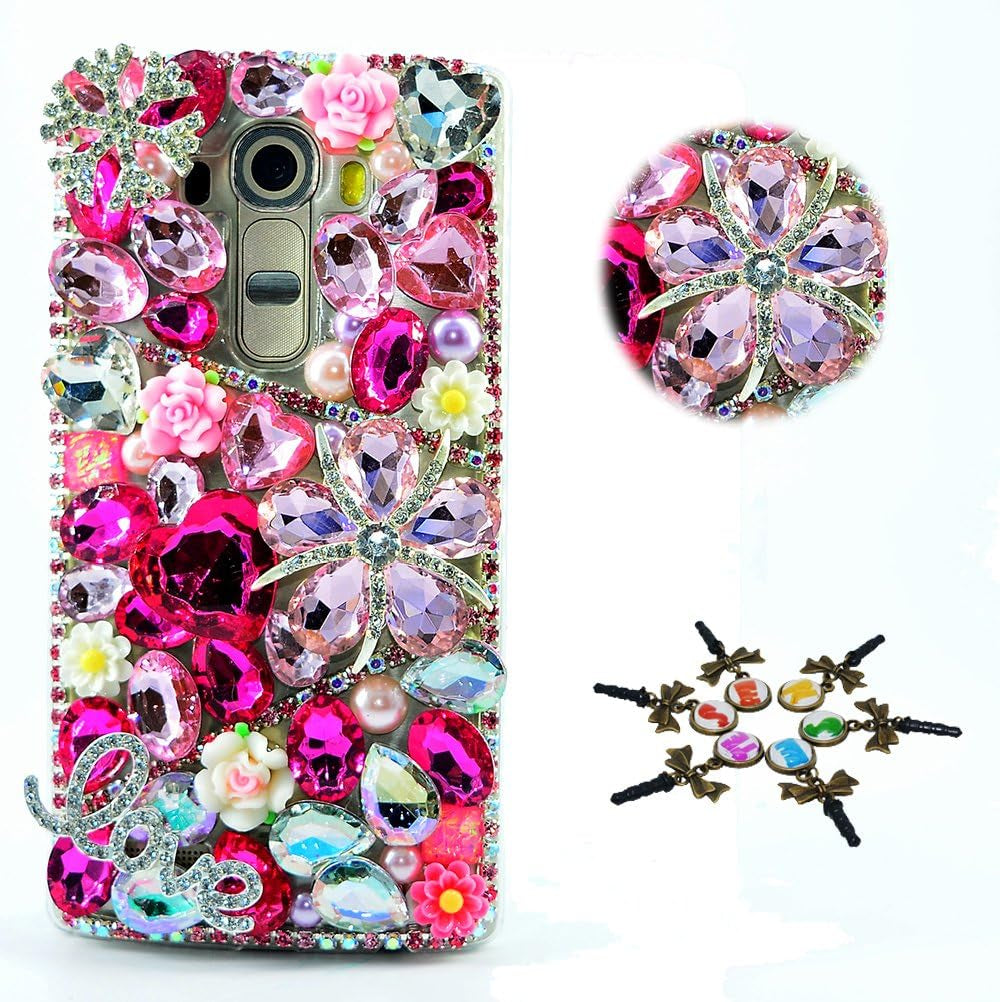 STENES LG G7 Thinq Case - STYLISH - 100+ Bling - 3D Handmade Cross Flowers Design Protective Case for LG G7/LG G7 Thinq - Gold&White STENES Snow Flowers Heart Love / Hot Pink