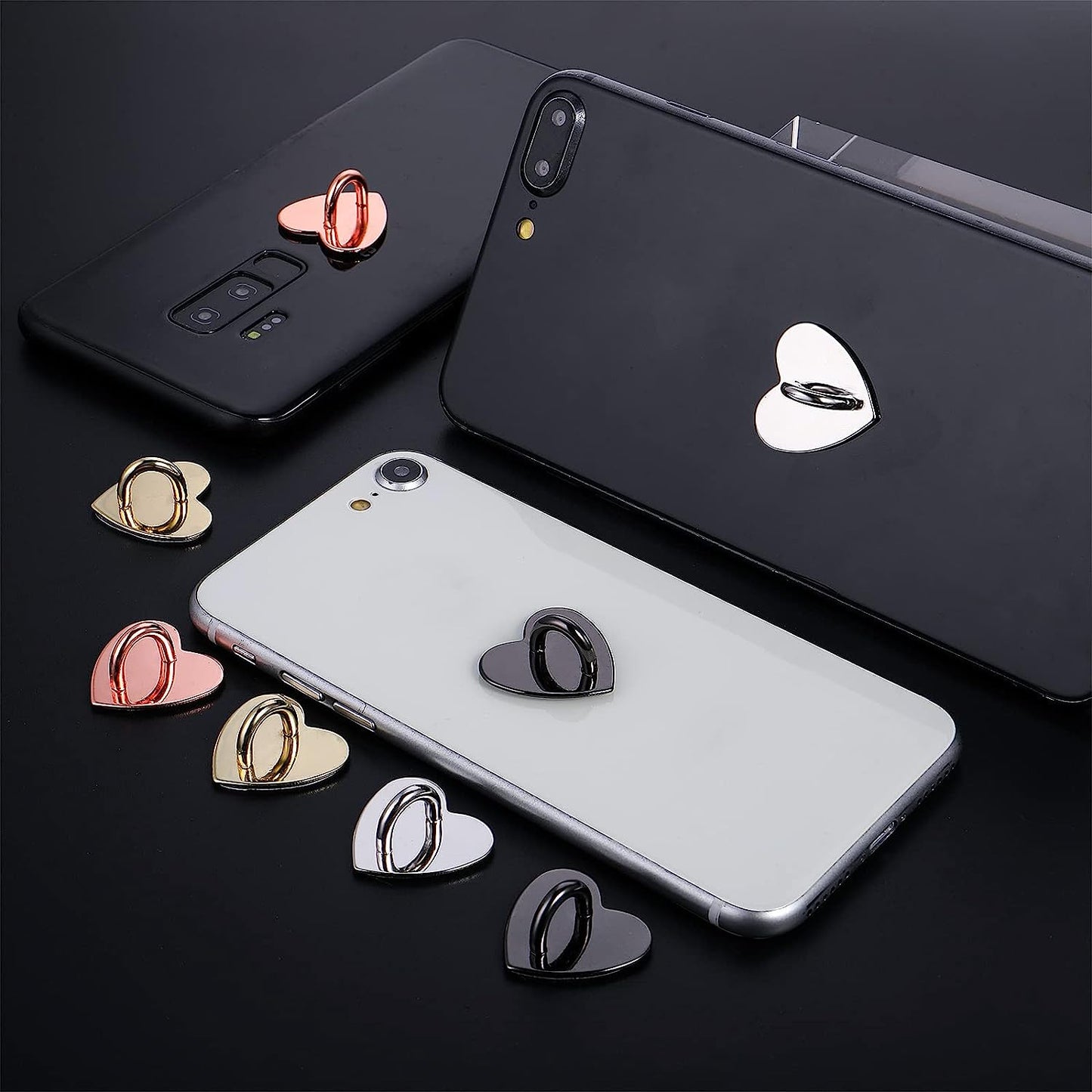 12 Pieces Phone Charm Hook, Cell Phone Finger Ring Phone Keychain Ring Adhesive Metal Phone Finger Grip Loop Stand Heart Holder for DIY Phone Case Pad Tablet Supplies Grevosea